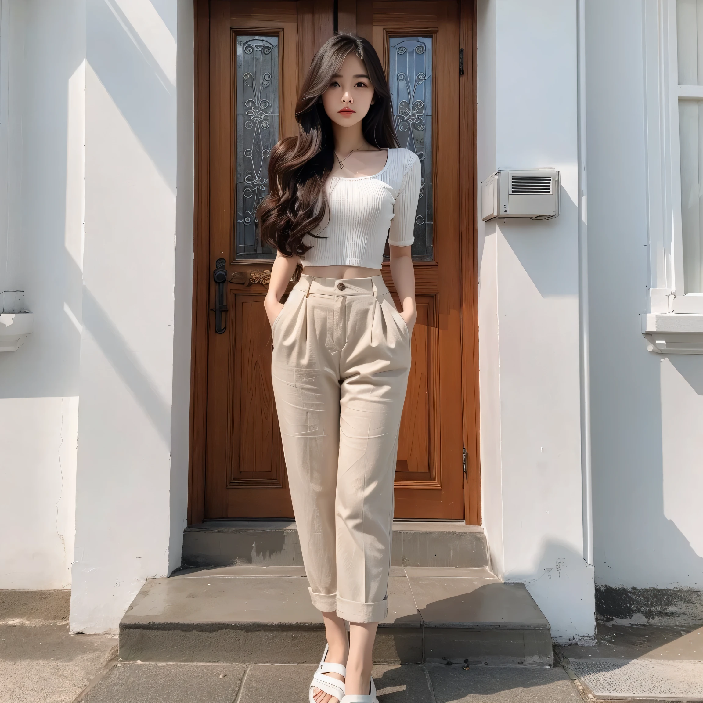 arafed woman standing in front of a door wearing a white top and beige pants, casual clothes, casual clothing style, full body picture, casual modern clothing, simple style, casual pose, ulzzang, full body cute young lady, with long hair, simple clothes, skinny waist and thick hips, modern fashion outfit, casual clothing, in white clothes