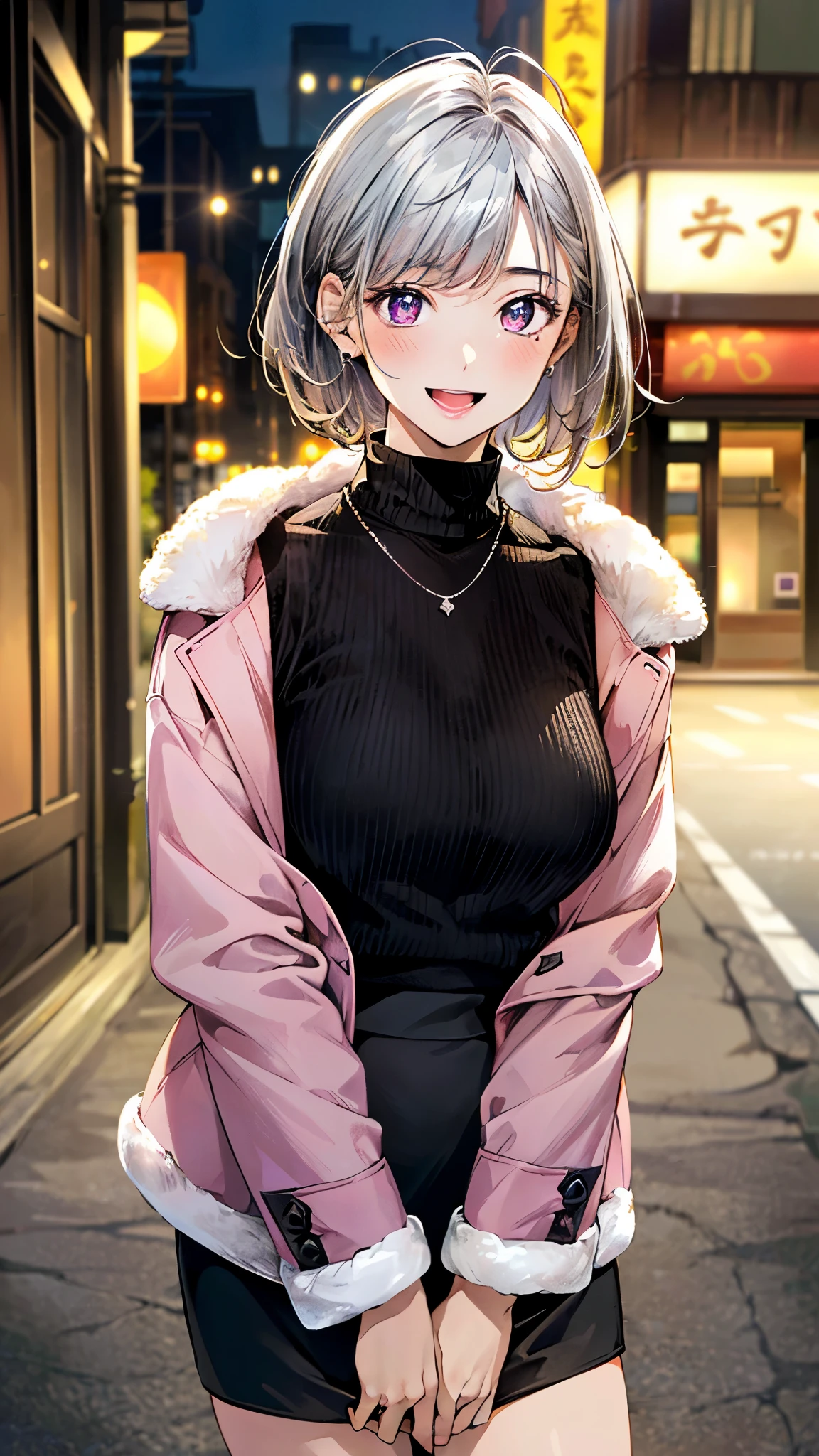 (masterpiece:1.3, top-quality, ultra high res, ultra detailed), (realistic, photorealistic:1.4), beautiful illustration, perfect lighting, natural lighting, colorful, depth of fields,
beautiful detailed hair, beautiful detailed face, beautiful detailed eyes, beautiful clavicle, beautiful body, beautiful chest, beautiful thigh, beautiful legs, beautiful fingers,
looking at viewer, 1 girl, japanese, high school girl, perfect face, (perfect anatomy, anatomically correct), cute and symmetrical face, babyface, , shiny skin,
(short hair:1.5, pixie cut:1.4, brown hair), swept bangs, cliped bangs, dark purple eyes, long eye lasher, (medium breasts), slender,
(((long sleeve pink fur jacket, round-neck black sweater, silver tight skirt)), necklace, ,
(beautiful scenery), evening, (downtown), standing, hands on chest, (seductive smile, open mouth),