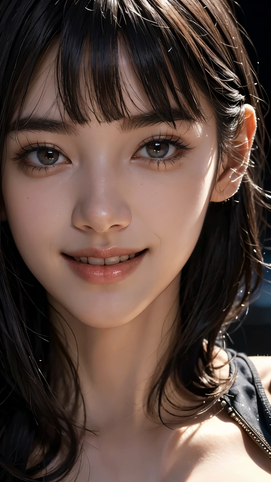 cute 26 year old,1 girl,slim face ,8K,Super realistic image quality,dynamic shadow,sparkling eyes,Clear black eyes,movie theater lighting,dark back alley,night,Darkness of the city,business suit, ((face close up:1.5)),((A smile showing white teeth)),((short hair)),((very short bangs)),close, 8K, Raw photo, highest quality, masterpiece,realistic, photo-realistic,