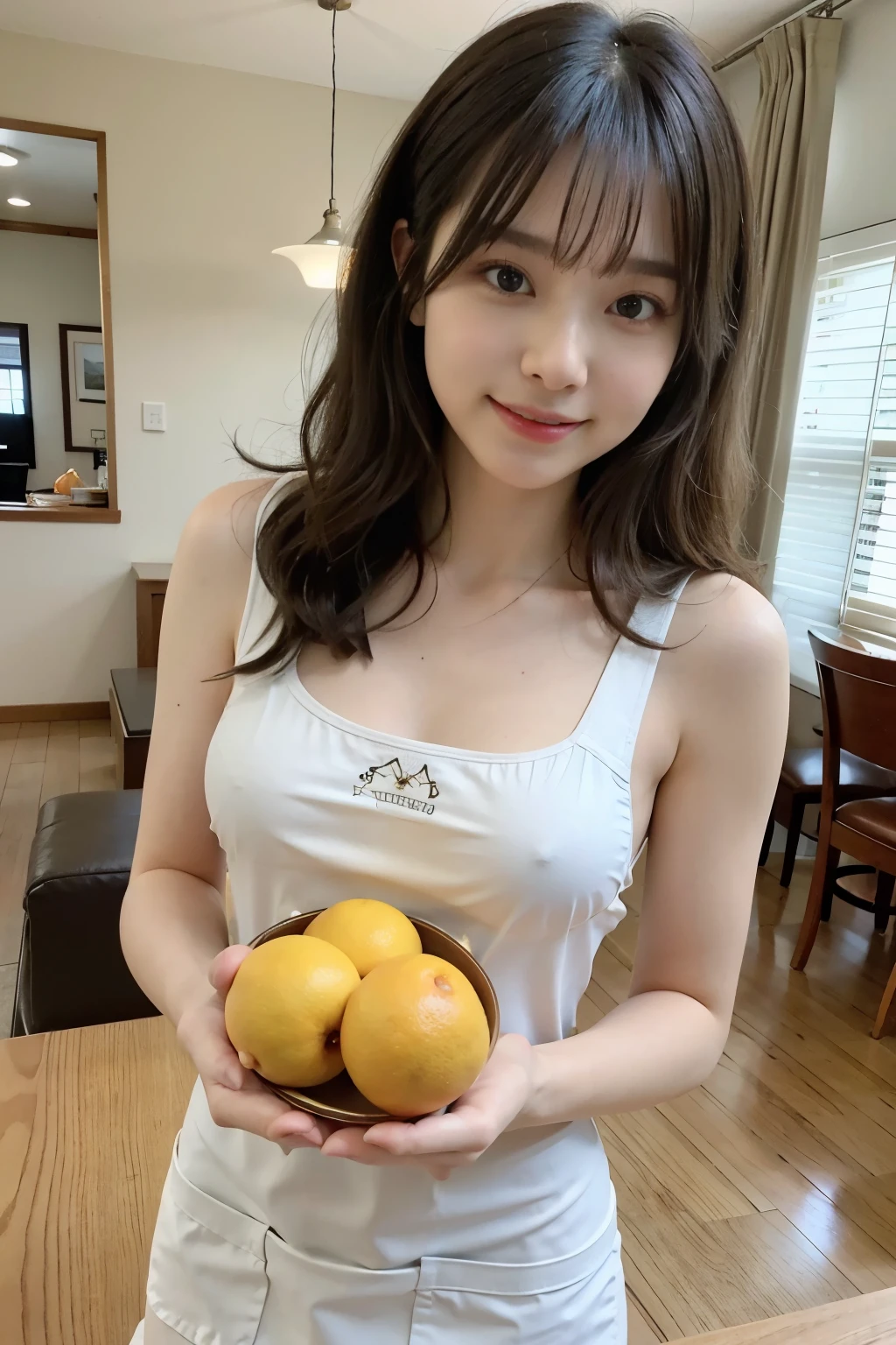 a woman is cooking、(kitchen_apron:1.wear 3)、good hand、4k、High resolution、masterpiece、highest quality、cap:1.3、((Hasselblad Photos))、fine skin、sharp focus、(cinematic lighting)、soft lighting、dynamic angle、[:(detailed face:1.2):0.2]、Medium chest、Skin with sweat flowing:1.2、(((in the kitchen))) laughter　beautiful profile　big breasts　beautiful body　tie hair　wide background々and a luxurious living room　luxury and luxury living　luxury living room　beautiful living room　beautiful living room　laughter　orange　lemon　laughter　laughter　With banana　pineapple　luxurious room　beautiful lighting　beautiful lighting　Very spacious部屋　very high quality　very high resolution　8k photo　Viewer&#39;s perspective　とてもゴージャスなkitchen　贅沢なkitchen　　ミリオネアのkitchen　素晴らしいkitchen　贅沢なkitchen　luxury illuminator　Very spacious々そしてkitchen　neat and beautiful　Classy and cute　change hairstyle