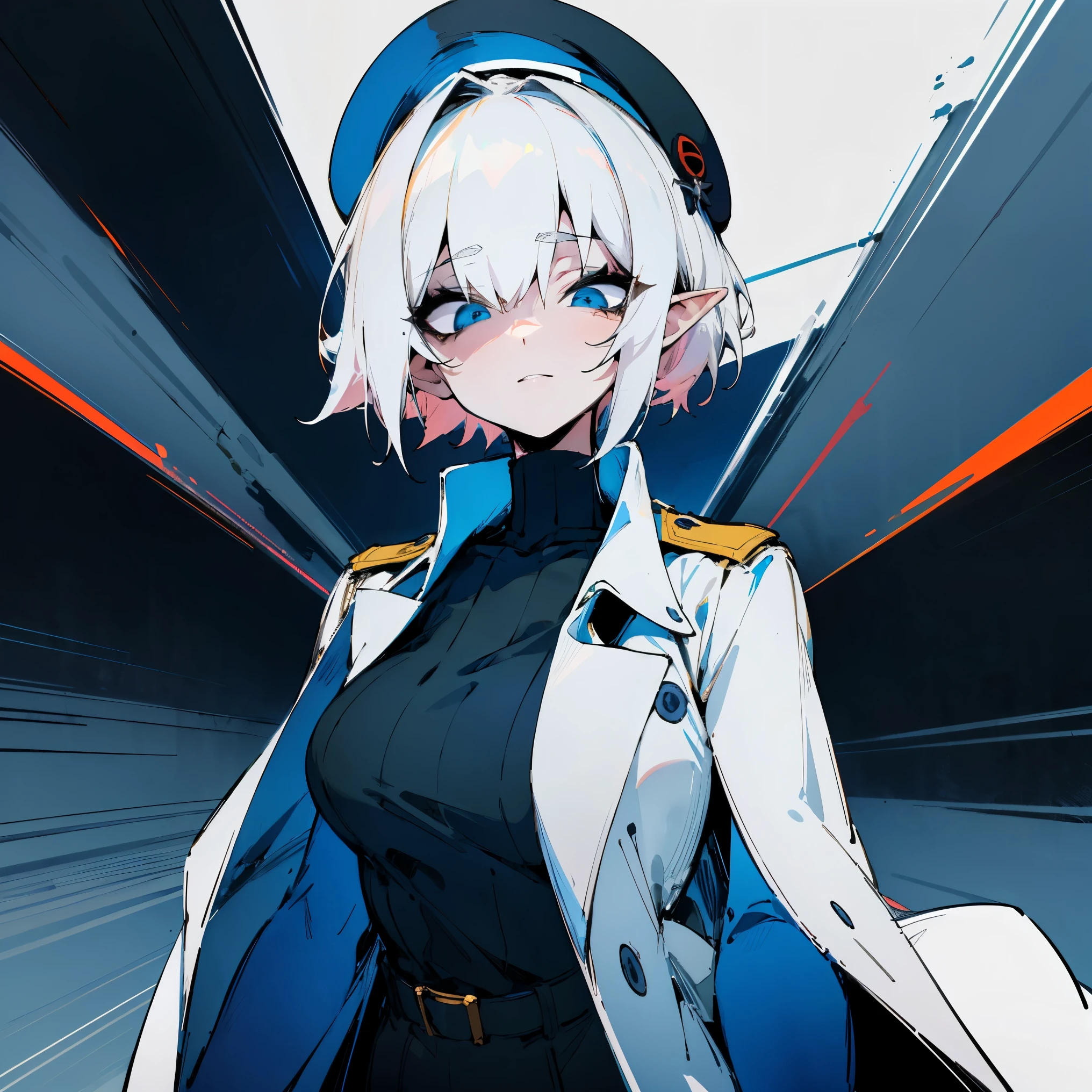 (Masterpiece, Top Quality, Best Quality, Official Art, Beauty and Aesthetics: 1.2), (Flat Color: 1.3), Very Detailed, Detailed Face and Eyes, Cinematic Light, SFW, Anime, Depth of Field, 1 Girl, Solo, Official, White Hair, Elf Ears, Short Hair, Blue Eyes, Black Eye Shadow, Medium Tits, White Beret, White Trenchcoat, Black Turtleneck, Military, SS Officer, Buttoned Up 