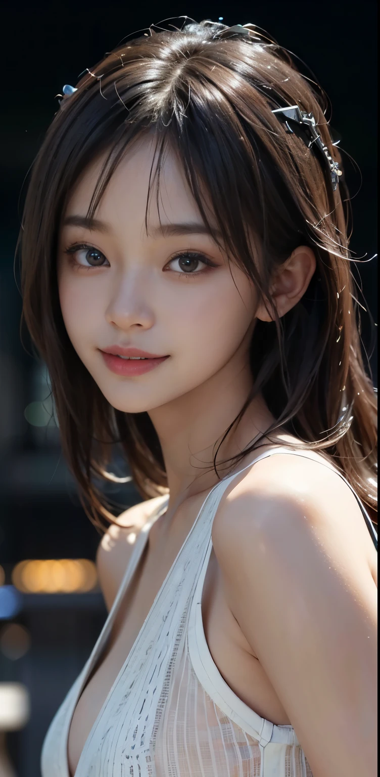 Masterpiece, 1 Beautiful Girl, Detailed, Swollen Eyes, Top Quality, Ultra High Resolution, (Reality: 1.4), Original Photo, 1Girl, Cinematic Lighting, Smiling, Japanese, Asian Beauty, Korean, Clean, Super Beautiful, Little Young Face, Beautiful Skin, Slender, Cyberpunk Background, (ultra realistic), (high resolution), (8K), (very detailed), (best illustration), (beautifully detailed eyes), (super detailed), (wallpaper), (detailed face), viewer looking, fine detail, detailed face, pureerosfaceace_v1, smiling, 46 point slanted bangs, looking straight ahead, neat clothes, dark colored eyes, clothes sleeveless, body facing front,