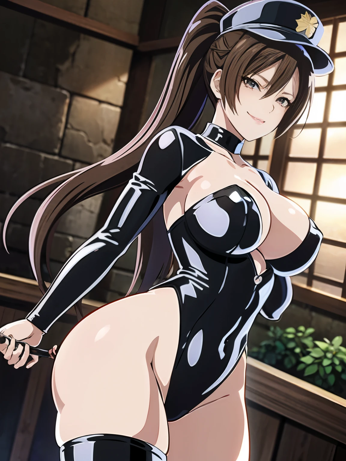 女性1 person、super detailed photos, Full body photo image、(latex police hat)、(((black shiny latex catsuit)))、(from below:1.3)、 brown hair, brown eyes, long and high ponytail, hair band, 1 person、25 years old, japanese mature, beautiful fingers, beautiful long legs, beautiful body, beautiful nose, beautiful character design, perfect eyes, perfect face, jewelry, See-through, looking at the viewer, hair ornaments, choker, shy, (smug:1.6)、king of fighters,(((Has a black super long whip:1.5)))、
(table top, highest qualityの, highest quality, beautiful and aesthetic: 1.2), very detailed, more detailed,proper body proportions,table top,Ultra high quality output image,High resolution,intricate details,very delicate and beautiful hair,realistic pictures,dream-like,professional lighting,realistic shadow,focus only,sexy pose,
(big breasts:1.2,) , floating skirt,
Stiletto knee high long boots、anime one、from below、(((depiction of prison)))、(((close your mouth)))