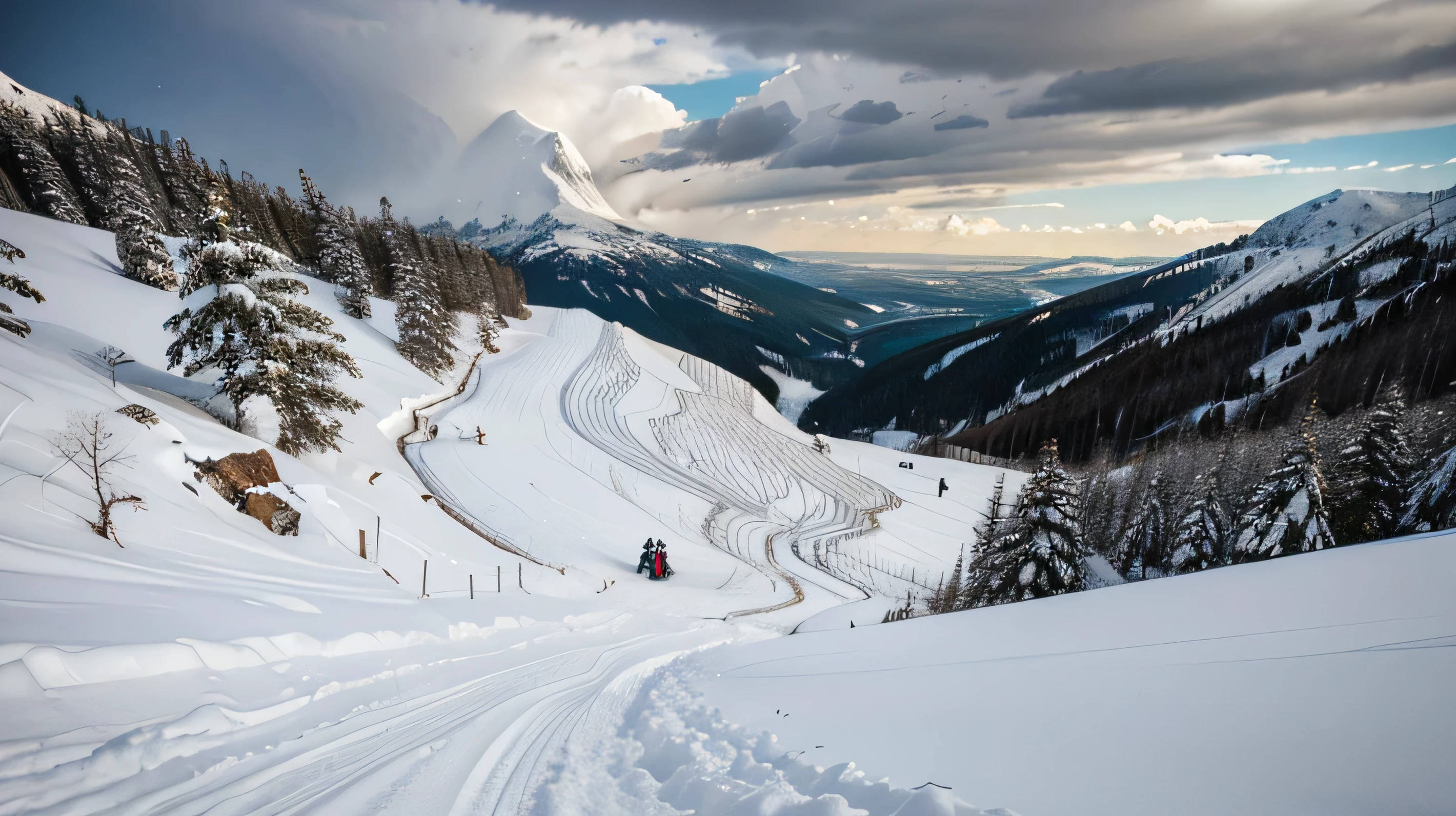  Depict a massive snowslide thundering down a steep slope, carving its path through the landscape.