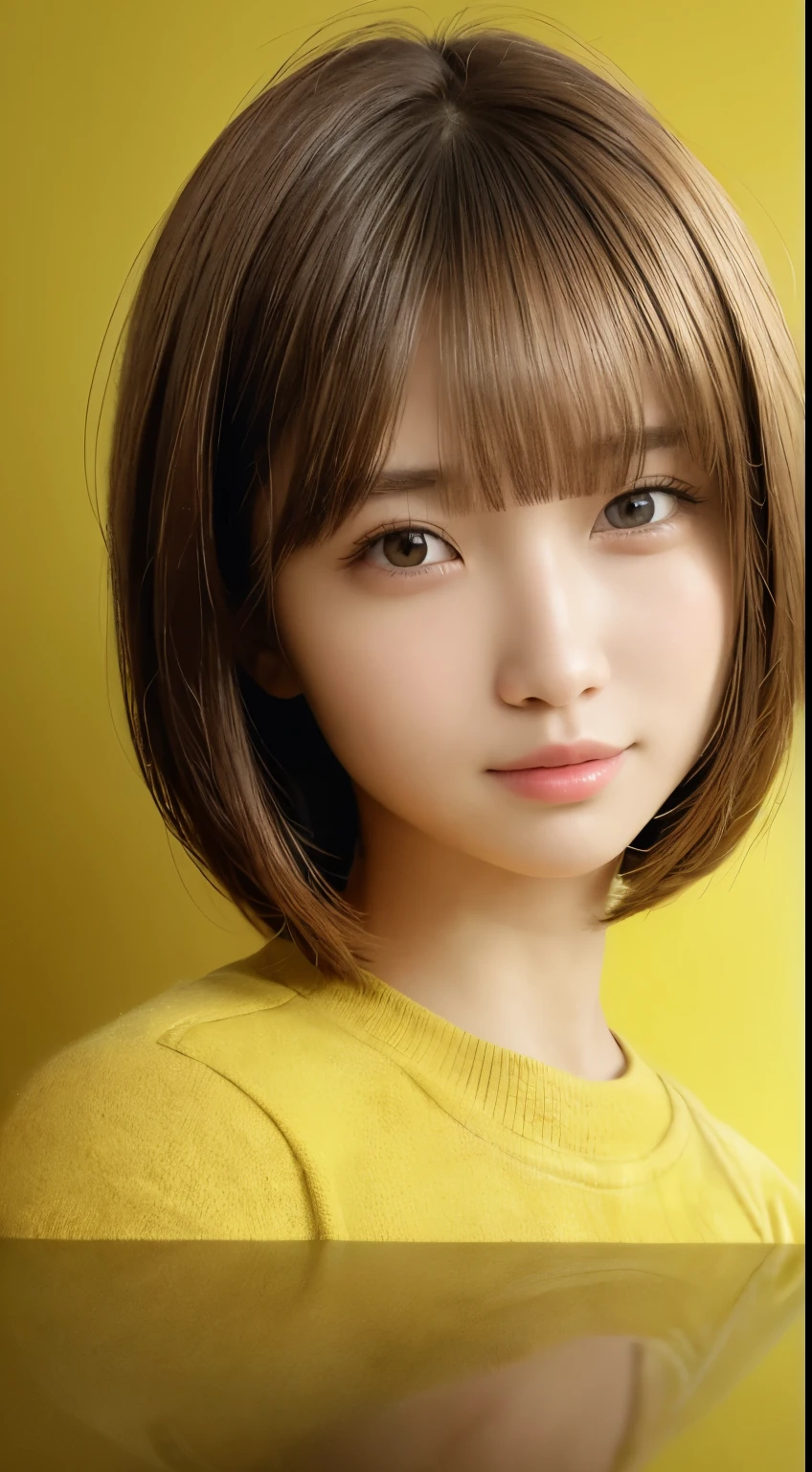masterpiece, highest quality, 8K, disorganized, (Upper body:1.4), white shirt, beautiful girl, cute face, looking at the viewer, smile, surreal, High resolution, photo shoot, film grain, chromatic aberration, sharp focus, HDR, face light, dynamic lighting, cinematic lighting, professional shadow, simple background, (dull yellow background:1.4), most detailed, very detailed, super detailed, finely, real skin, delicate features, detailed face and eyes, sharp pupils, realistic student