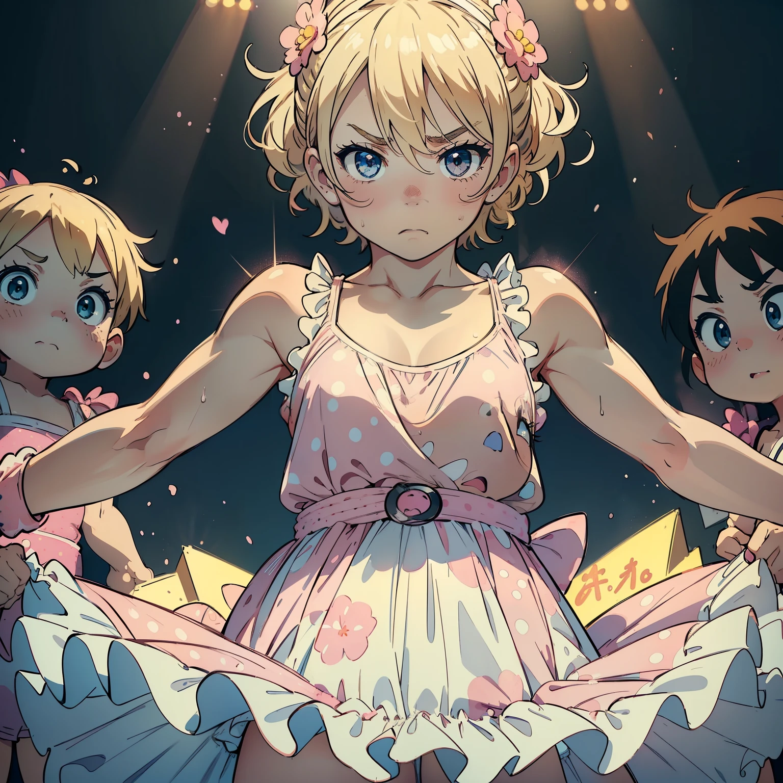(Masterpiece, High Quality, 1 man, Blonde hair, Professional Wrestler, Muscular build, Sweat beads on brow, Microfiber singlet, Wrestling belt, Defiant expression, High contrast, Dramatic shadows, In the ring, Spotlight, Microphone in hand, Crowd cheering)

(Adorable, Cute, 1 girl, Blonde hair, Muchimuchi Character, Big round eyes, Rosy cheeks, Pink dress with polka dots, White bloomers, Hands clutching a plush toy, Playful expression, Soft lighting, Childlike innocence, Floral background, Pastel colors)