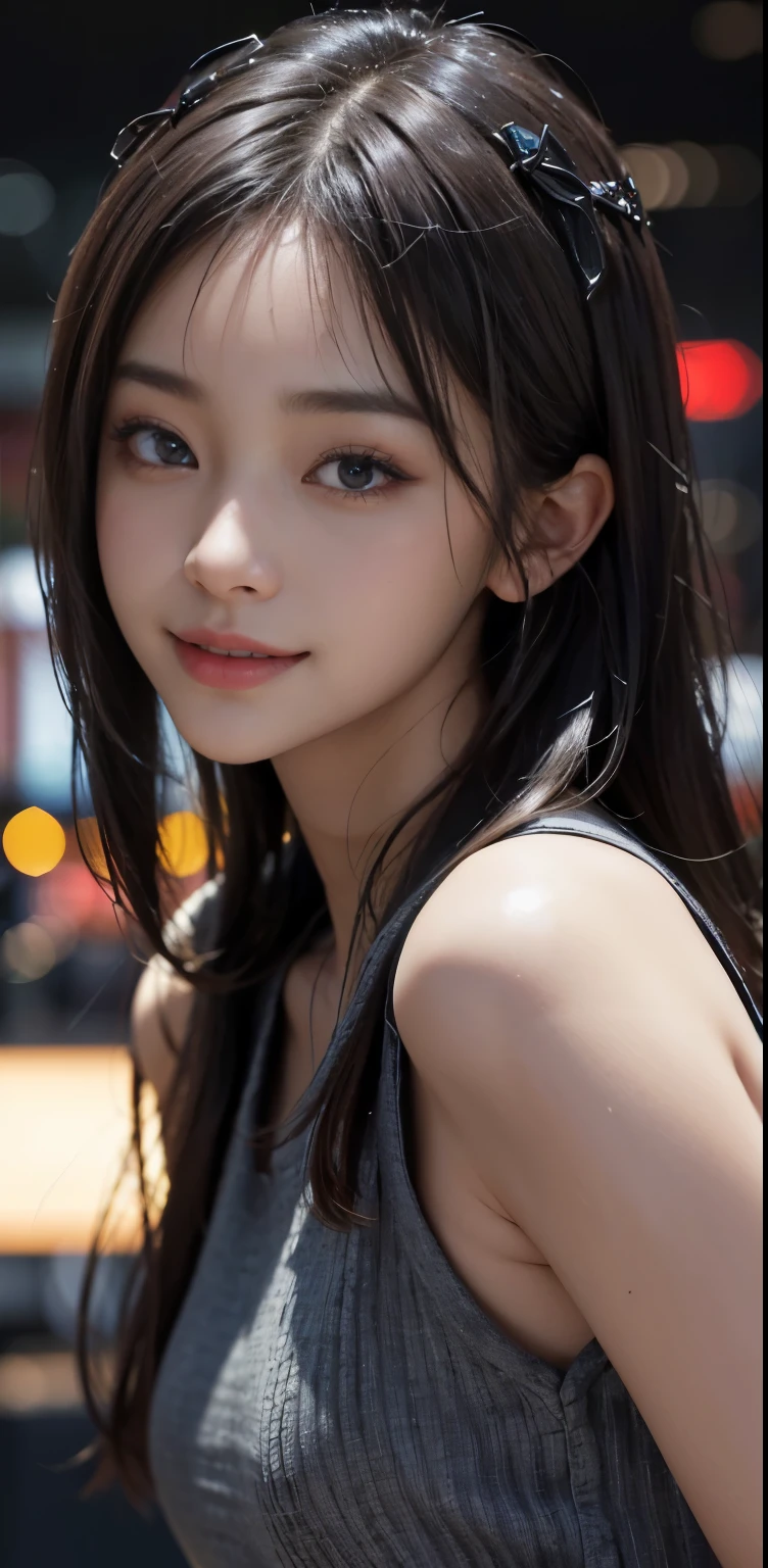 Masterpiece, 1 Beautiful Girl, Detailed, Swollen Eyes, Top Quality, Ultra High Resolution, (Reality: 1.4), Original Photo, 1Girl, Cinematic Lighting, Smiling, Japanese, Asian Beauty, Korean, Clean, Super Beautiful, Little Young Face, Beautiful Skin, Slender, Cyberpunk Background, (ultra realistic), (high resolution), (8K), (very detailed), (best illustration), (beautifully detailed eyes), (super detailed), (wallpaper), (detailed face), viewer looking, fine detail, detailed face, pureerosfaceace_v1, smiling, 46 point slanted bangs, looking straight ahead, neat clothes, dark colored eyes, clothes sleeveless, body facing front,