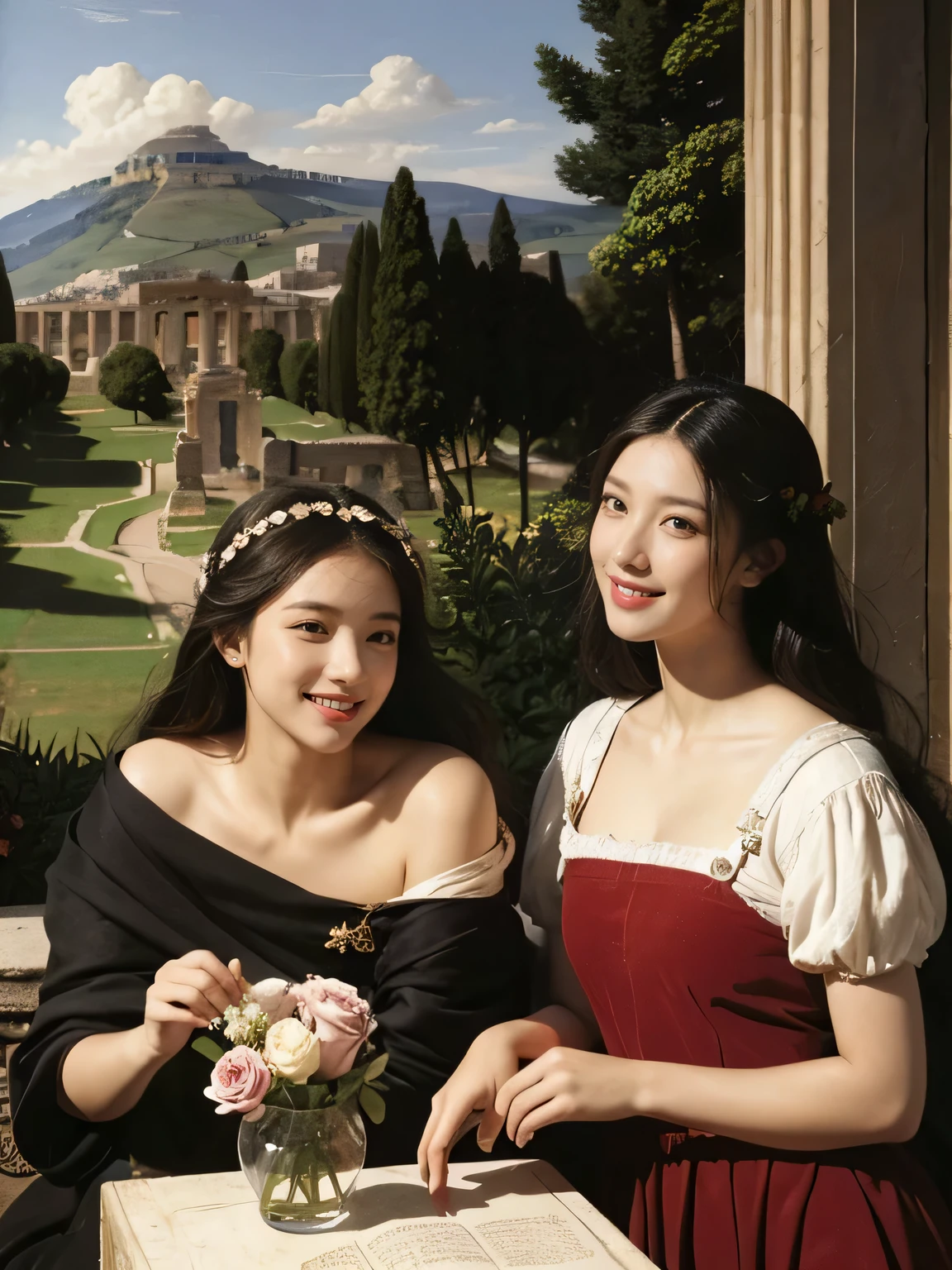 Giorgione's painting style,Discussion between two female philosophers,math、astronomical machine、astronaut、roses in vase、fruit、Cute trinkets、smile、ancient greek costume、Ancient Roman landscape in the style of Nicolas Poussin,laughter,,sweet and seductive appearance.、caravaggio painting、Caravaggio's chiaroscuro、My hair was messed up by the wind,two women having fun,cute smile, expression of ecstasy,sexy,erotic