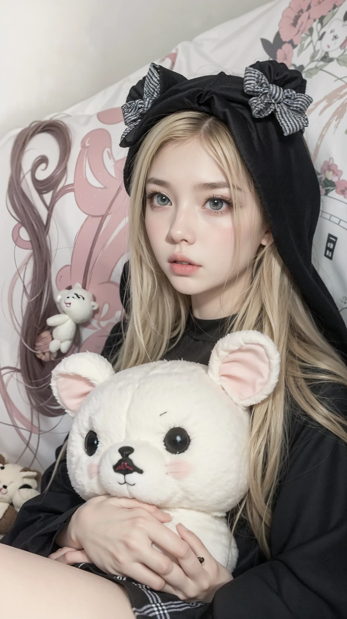 blond girl with black cat ears and black dress holding a white teddy bear, ulzzang, cruel korean goth girl, kerli koiv as anime girl, pale goth beauty, belle delphine, pale white face, white cat girl, girl with cat ears, 1 7 - year - old anime goth girl, very beautiful cute catgirl, pale young ghost girl