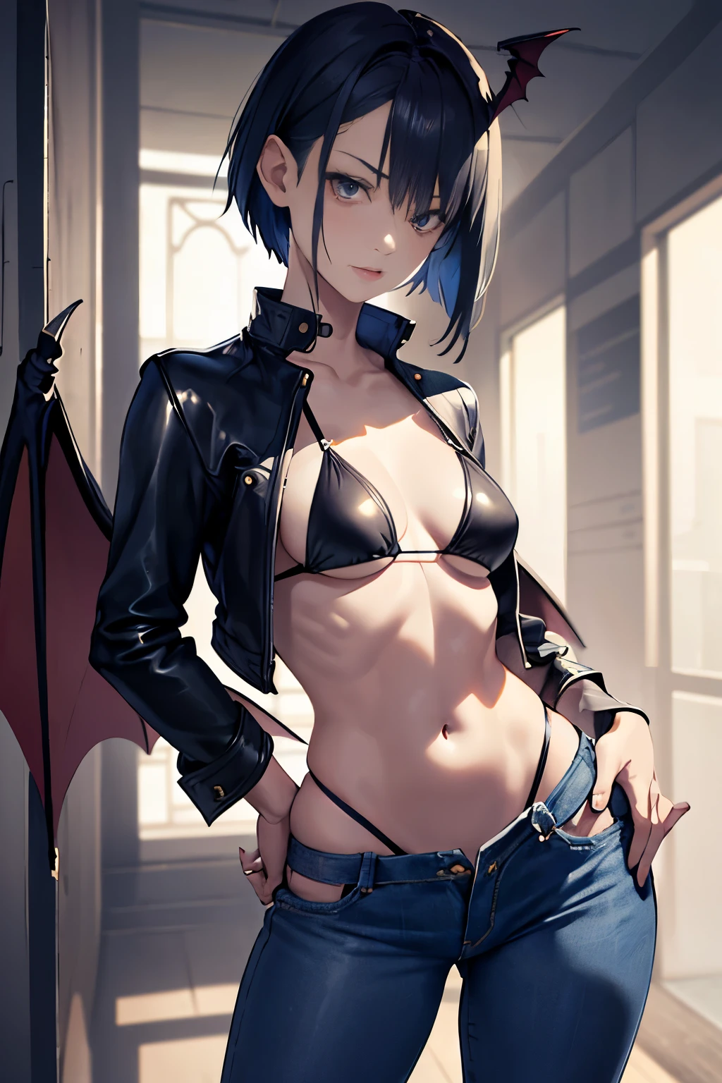 masterpiece、hightquality、1girl in、Cool、solo、middlebreasts、short-hair、(hair between eye)、(00BFFE Pixie Cut)、Bat Wings、Disappointed face、topplesicro Bikini、Cropped flared jeans、Leather Blazer)