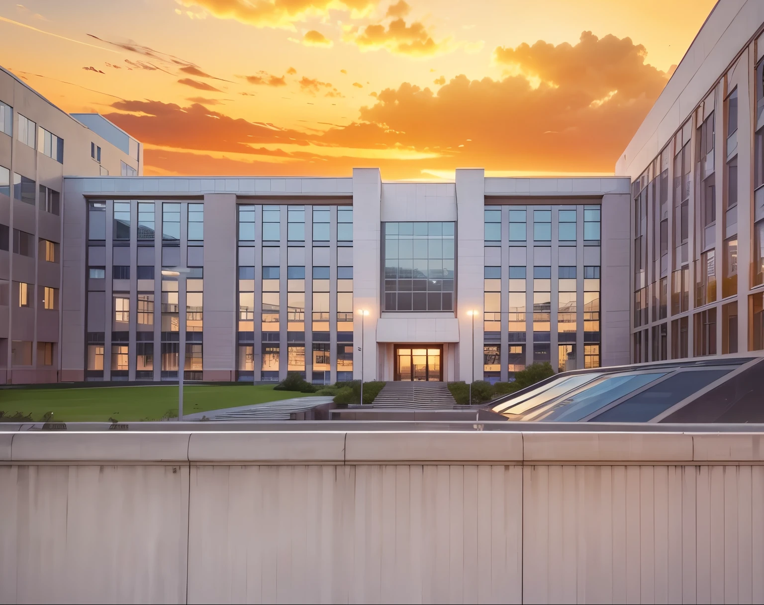 university building, sunset, clouds