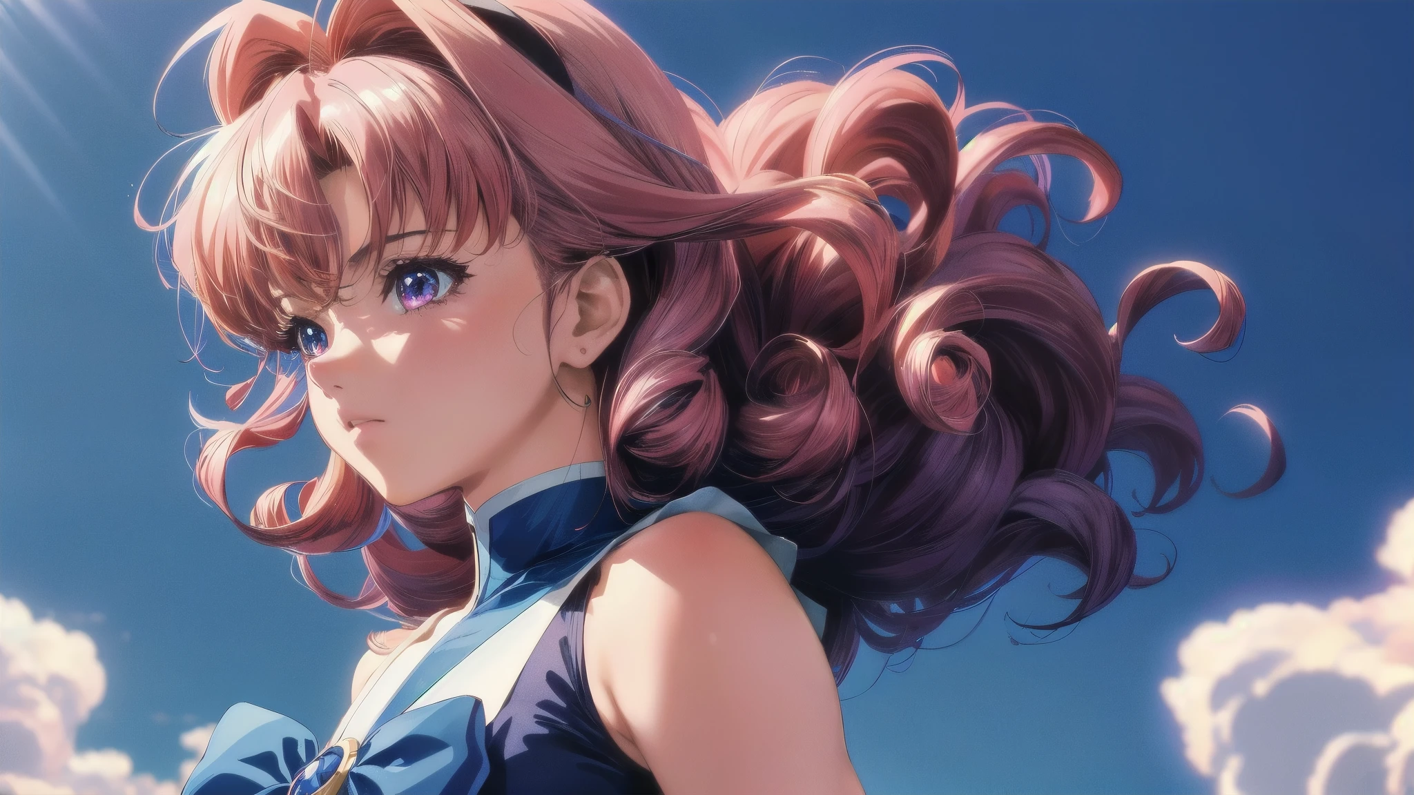 1 girl, blueberry theme, realistic anime, 8K, cinematic, dramatic,1990s \(style\),masterpiece,highest quality, highest quality, screen cap, adventure, A magical girl with super curly blonde hair with black streaks., gradient hair