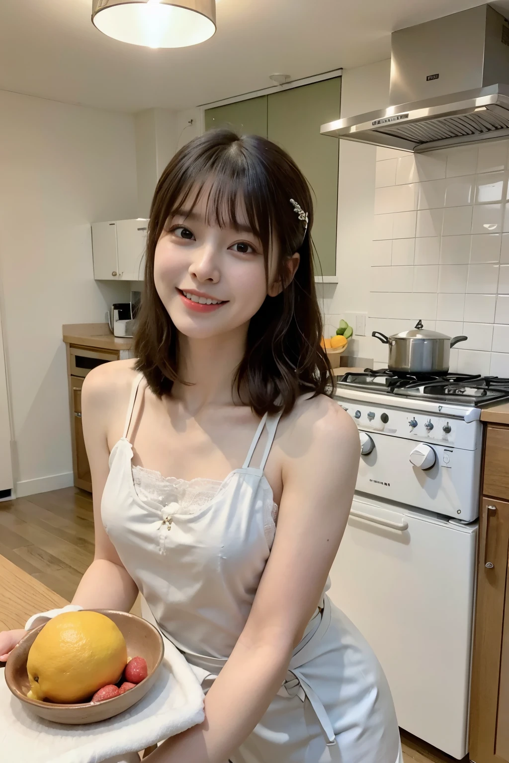 a woman is cooking、(kitchen_apron:1.wear 3)、good hand、4k、High resolution、masterpiece、highest quality、cap:1.3、((Hasselblad Photos))、fine skin、sharp focus、(cinematic lighting)、soft lighting、dynamic angle、[:(detailed face:1.2):0.2]、Medium chest、Skin with sweat flowing:1.2、(((in the kitchen))) laughter　beautiful profile　big breasts　beautiful body　tie hair　wide background々and a luxurious living room　luxury and luxury living　luxury living room　beautiful living room　beautiful living room　laughter　orange　lemon　laughter　laughter　With banana　pineapple　luxurious room　beautiful lighting　beautiful lighting　Very spacious部屋　very high quality　very high resolution　8k photo　Viewer&#39;s perspective　とてもゴージャスなkitchen　贅沢なkitchen　　ミリオネアのkitchen　素晴らしいkitchen　贅沢なkitchen　luxury illuminator　Very spacious々そしてkitchen　neat and beautiful　Classy and cute　change hairstyle