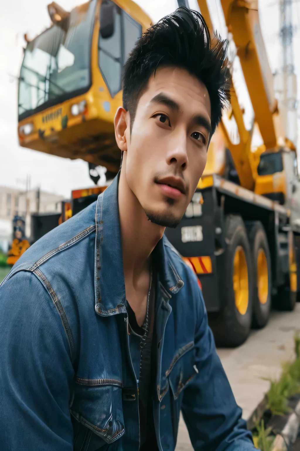 arafed man in denim jacket sitting on curb next to a construction truck, inspired by Adam Dario Keel, rick dai, inspired by Jorge Jacinto, ramil sunga, damien tran, handsome chad chin, by Adam Dario Keel, thawan duchanee, inspired by David Diao, photoshoot, darren quach, handsome man, inspired by Robbie Trevino