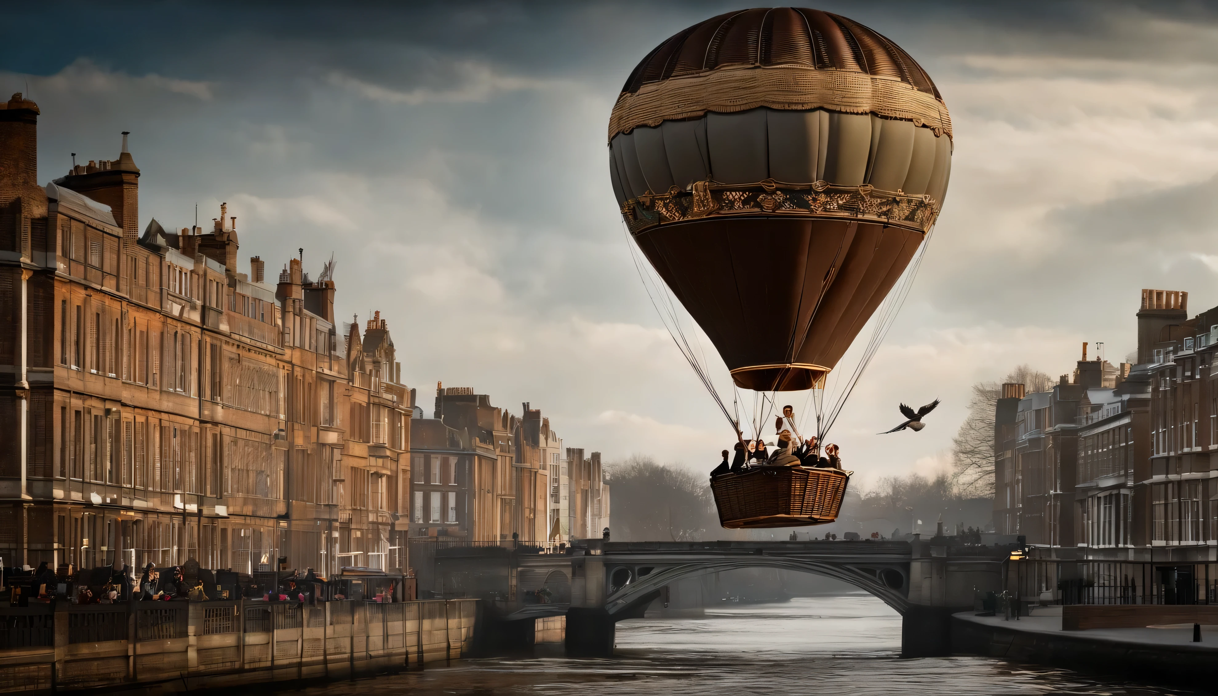 Streets of the Thames in Victorian London, England,There is a hot air balloon floating at the height of the roof,The hot air balloon occupies half of the frame,There is a child sitting in the basket of a hot air balloon,The picture angle is a bird’s eye view