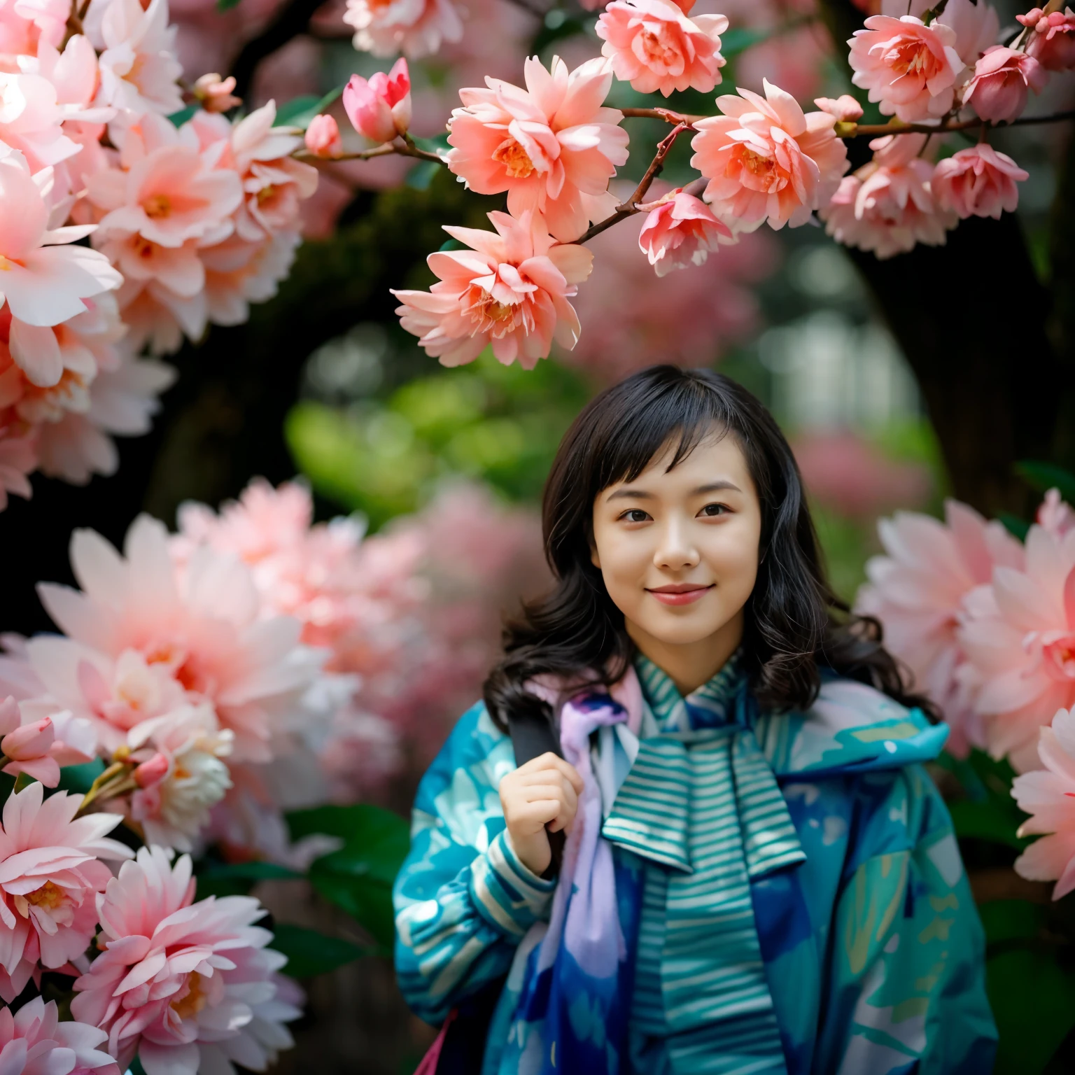 a girl, solo, Shoulder bag, happy expression, Standing under the pink peach tree, black hair, portrait photography, anaglyph, atmospheric perspective, 85mm, f/1.8, Canon, UHD, masterpiece, ccurate, anatomically correct, textured skin, high details, high quality, best quality, highres