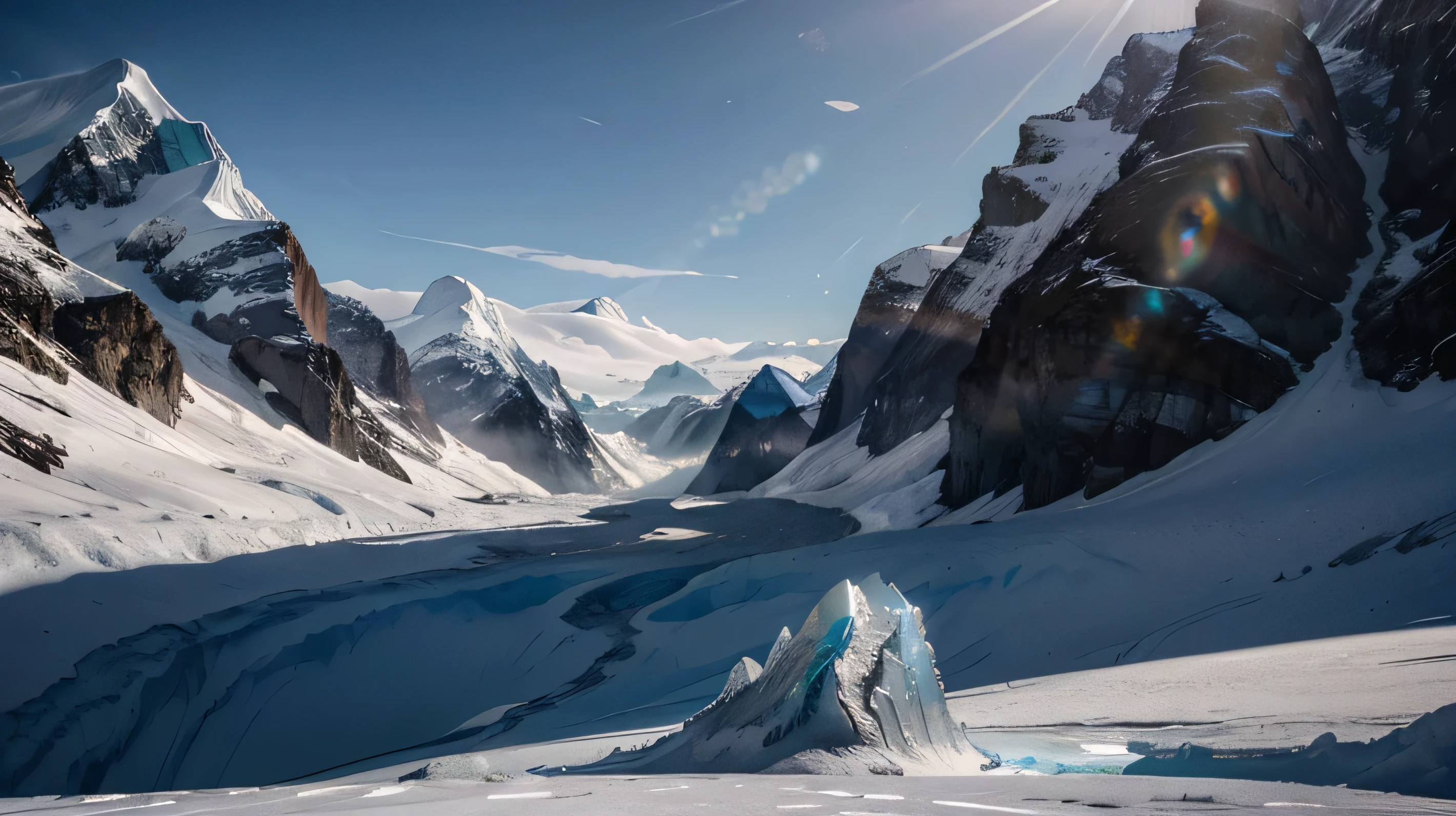 A ray of sunlight breaks through the thick clouds, illuminating a pristine glacier carving its way through the mountains. (Style: dramatic)