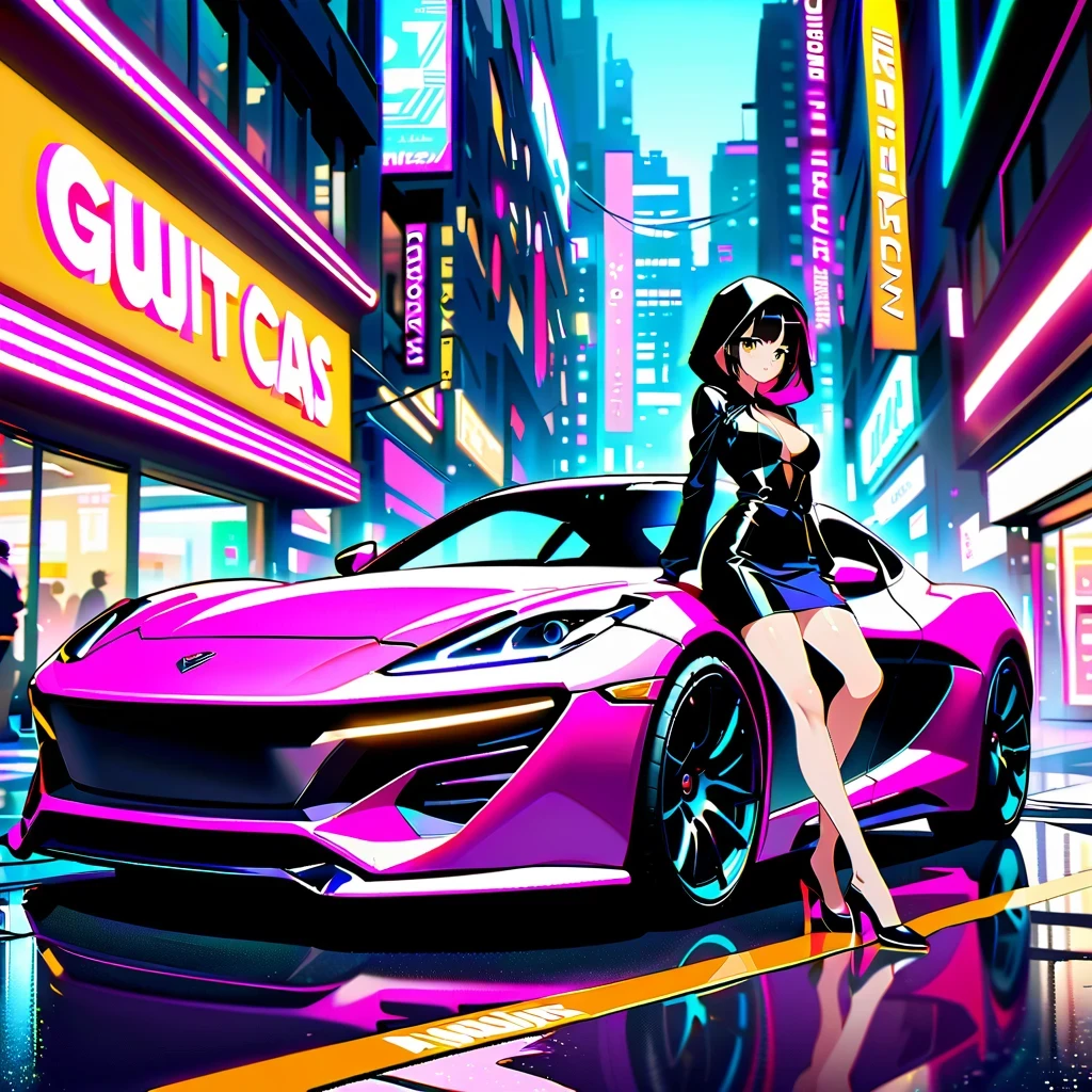 Cyberpunk City Night，A shapely anime girl sits on the hood of a stylish sports car。she wears high fashion，Wear unique high heels，匹配未来car的风格。car&#39;Stylish hood reflects vibrant neon lights，Charming scenes are created。Composition follows the rule of thirds，The girl is on the side，Put the sports car on the other side，maintain visual balance。Neon lights and architectural lines guide the viewer’s eye，Emphasize that girls are the focus。This work of art is a true masterpiece，Show the beauty and charm of the cyberpunk world with exquisite 4k details。
