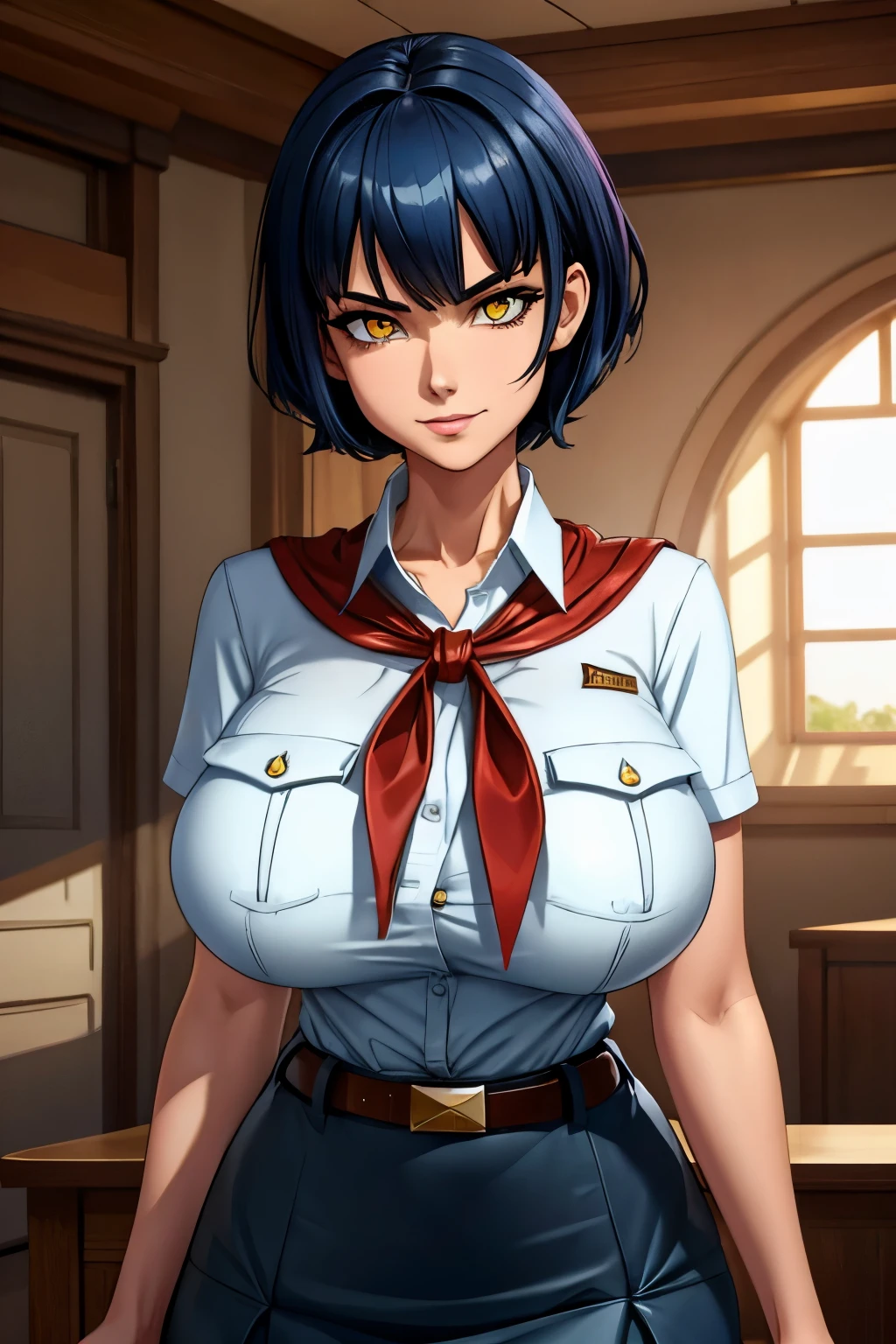 dark blue hair, short disheveled hair, huge ahoge, raised eyebrows, sparkling eyes, yellow eyes, evil smile, atmospheric perspective, anime style, cinematic lighting, glowing light, Wide-Angle, 8k, best quality, masterpiece, high details, high quality, slim and fit young girl, perfect huge bursting breast, slim waist, pioneer neckerchief, blue micro skirt, bangs, white bursting on breast very thight shirt, short sleeves, collared shirt, belt, eyelashes, red neckerchief, breast pocket, milfication