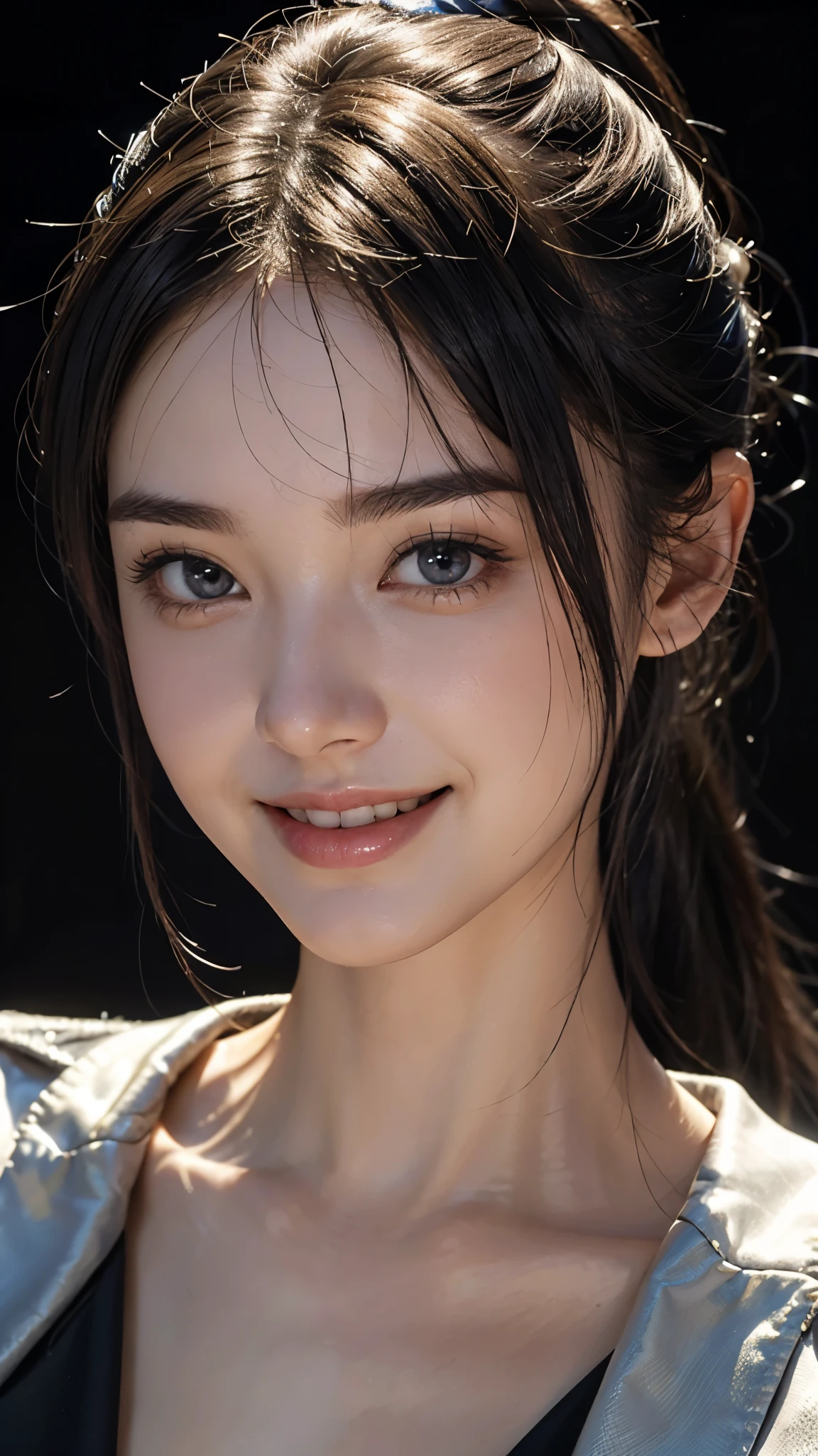 cute 26 year old,1 girl,slim face ,8K,Super realistic image quality,dynamic shadow,sparkling eyes,Clear black eyes,movie theater lighting,dark back alley,night,Darkness of the city,business suit, ((face close up:1.5)),((A smile showing white teeth)),((Ponytail and Hair Tie)),((very short bangs)),close, 8K, Raw photo, highest quality, masterpiece,realistic, photo-realistic,