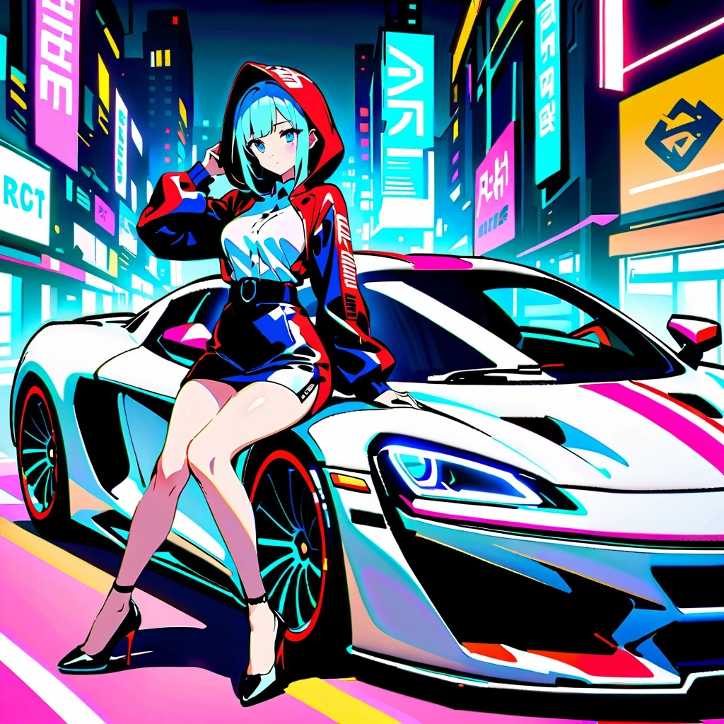 Cyberpunk City Night,A shapely anime girl sits on the hood of a stylish sports car。she wears high fashion,Wear unique high heels,匹配未来car的风格。car'Stylish hood reflects vibrant neon lights,Charming scenes are created。Composition follows the rule of thirds,The girl is on the side,Put the sports car on the other side,maintain visual balance。Neon lights and architectural lines guide the viewer’s eye,Emphasize that girls are the focus。This work of art is a true masterpiece,Show the beauty and charm of the cyberpunk world with exquisite 4k details。