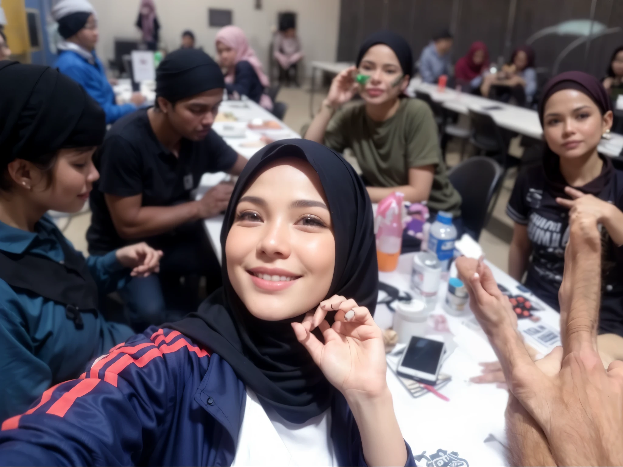 masterpiece, (ultra-high-definition portrait, vignet:1.4), Realistic, extremely detailed, CG unified, 8k, Clean lines, highly detailed, High-definition, raw color photos, she is smiling, Realistic portrait, Cinematic Light, Beautiful detailed, (1hijabgirl, indonesian:1.5), (165cm tall, big breasts with lips like he wants to kiss:1.5), Beautiful big breasts, breasts details, very tight, (Biggorgeous breast, Smiling:1.5), (Smiling, Big Breast:1.4), Close up of a girl in Beautiful clothes with errected nipple, biggorgeous breast, Soft smile, scarf, (Bombastic Side Eyes with curvaceous body:2), pose 4 of 1 6, Undress, No bra, (nipples that are clearly sticking out detail:1.2), Outdoors, high intricate detailed.