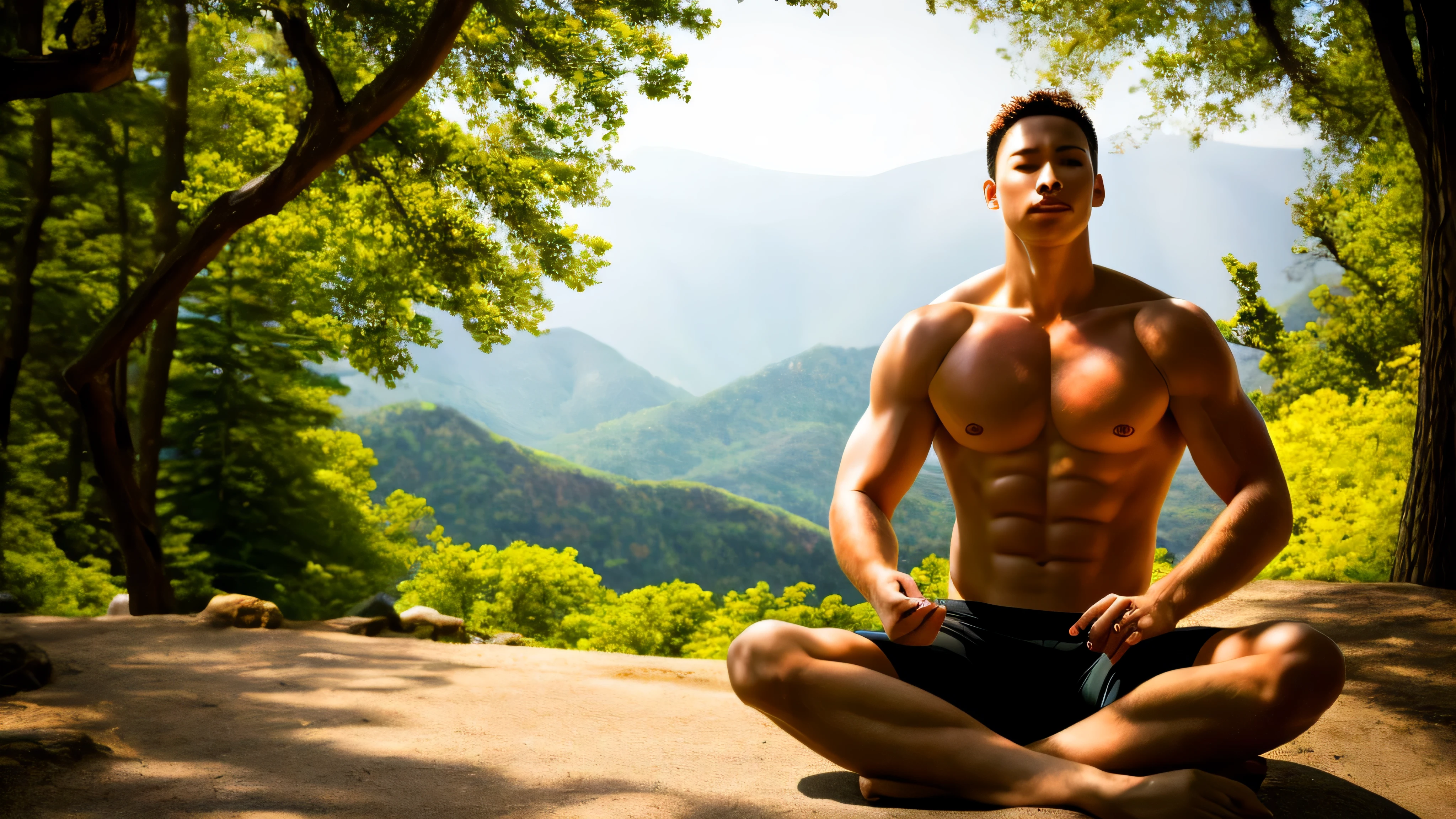 male character sitting in relaxation and meditation position. Ultra realista, ultra detalhado, anatomia perfeita, rosto bonito, detailed scenery, professional lighting, fotografia perfeita, fotografia premiada, Definition of success, alta qualidade, High definition, sharp focus, foco inteligente, detalhes intrincados, ambiente natural, natural lighting.