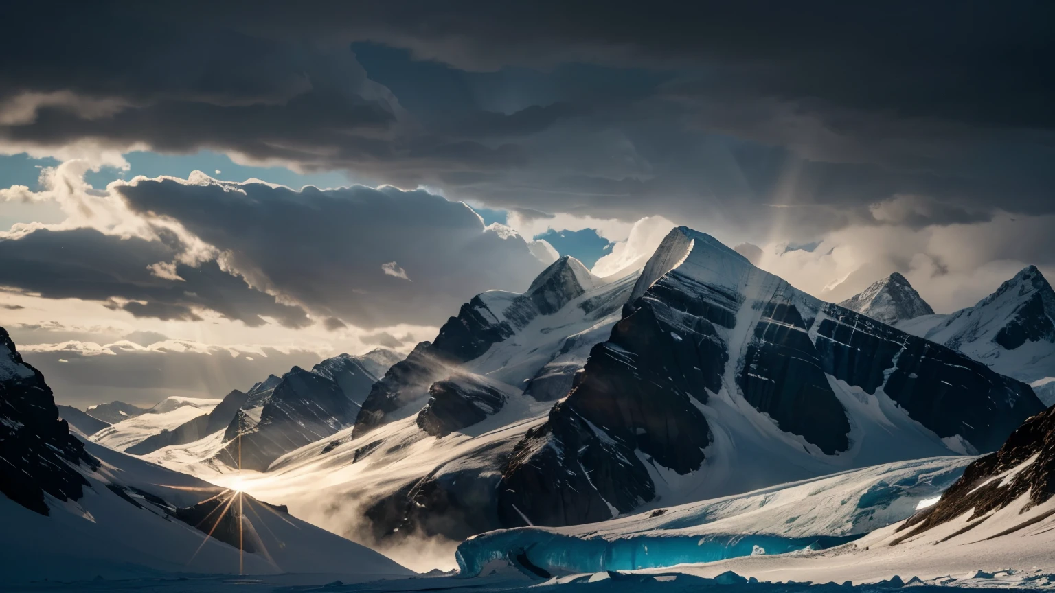 A ray of sunlight breaks through the thick clouds, illuminating a pristine glacier carving its way through the mountains. (Style: dramatic)