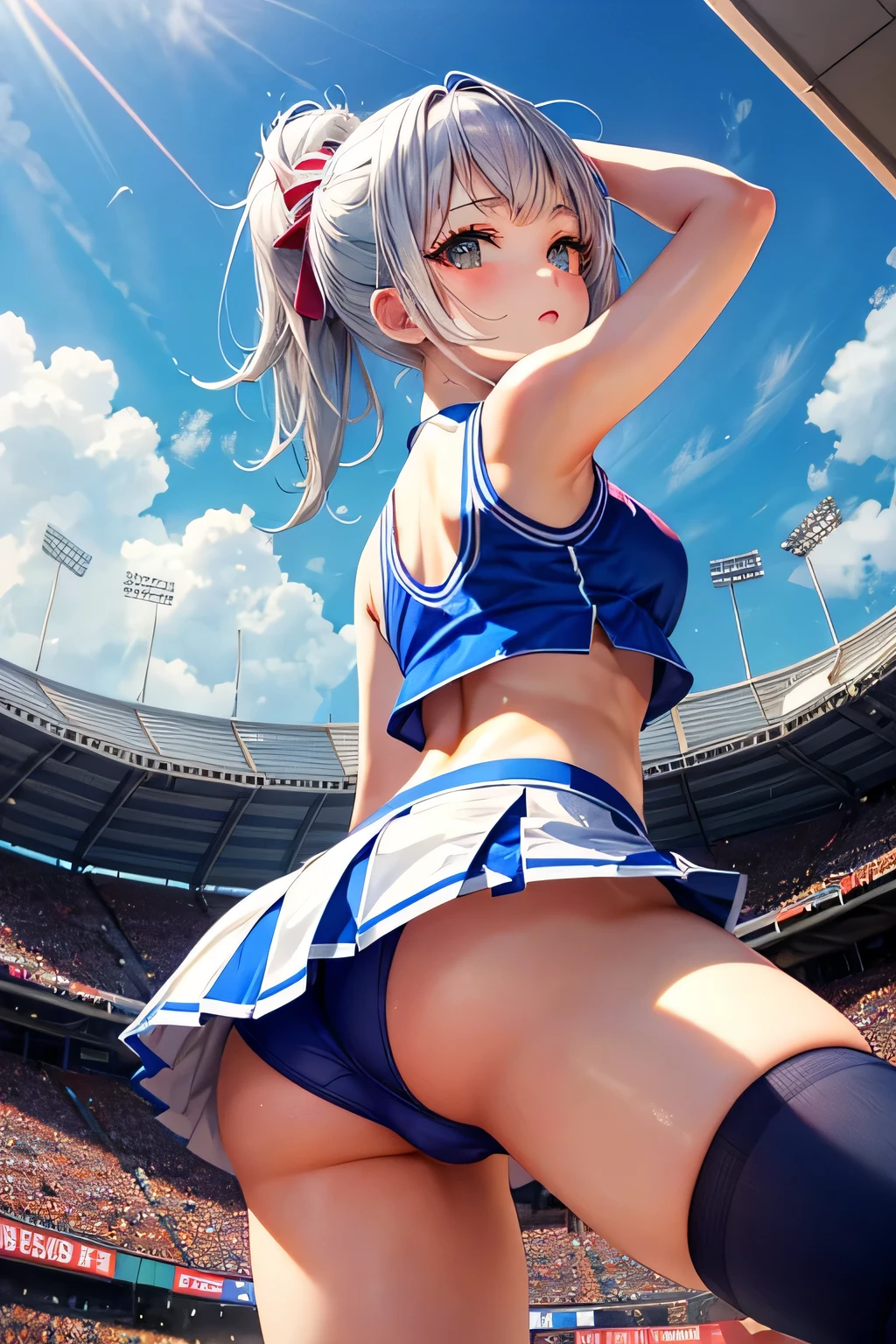 raise one leg、panty shot、cheerleader beauty、silver hair upstyle、((whole body))、(((photo taken from below)))、baseball Ground