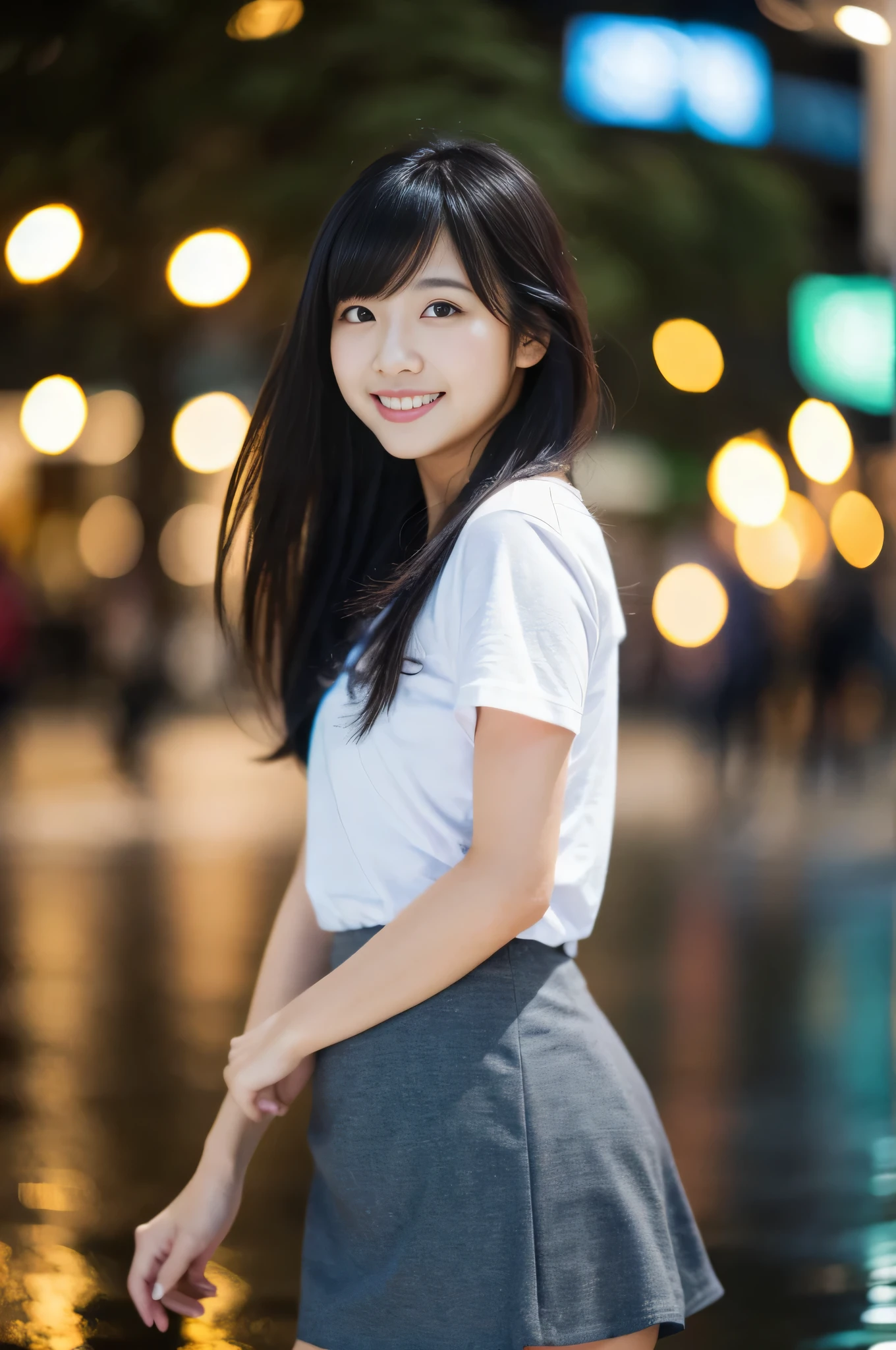 highest quality,masterpiece,32k,Depth of the bounds written、blur background、135mm,F1.4,professional lighting,cinematic lighting,full body,thin,きれいなDay本人女性,25 year old girl,Are standing,city,Wind,Day,shoulder length hair,black hair,Wet,Tシャツmini skirt,smile,