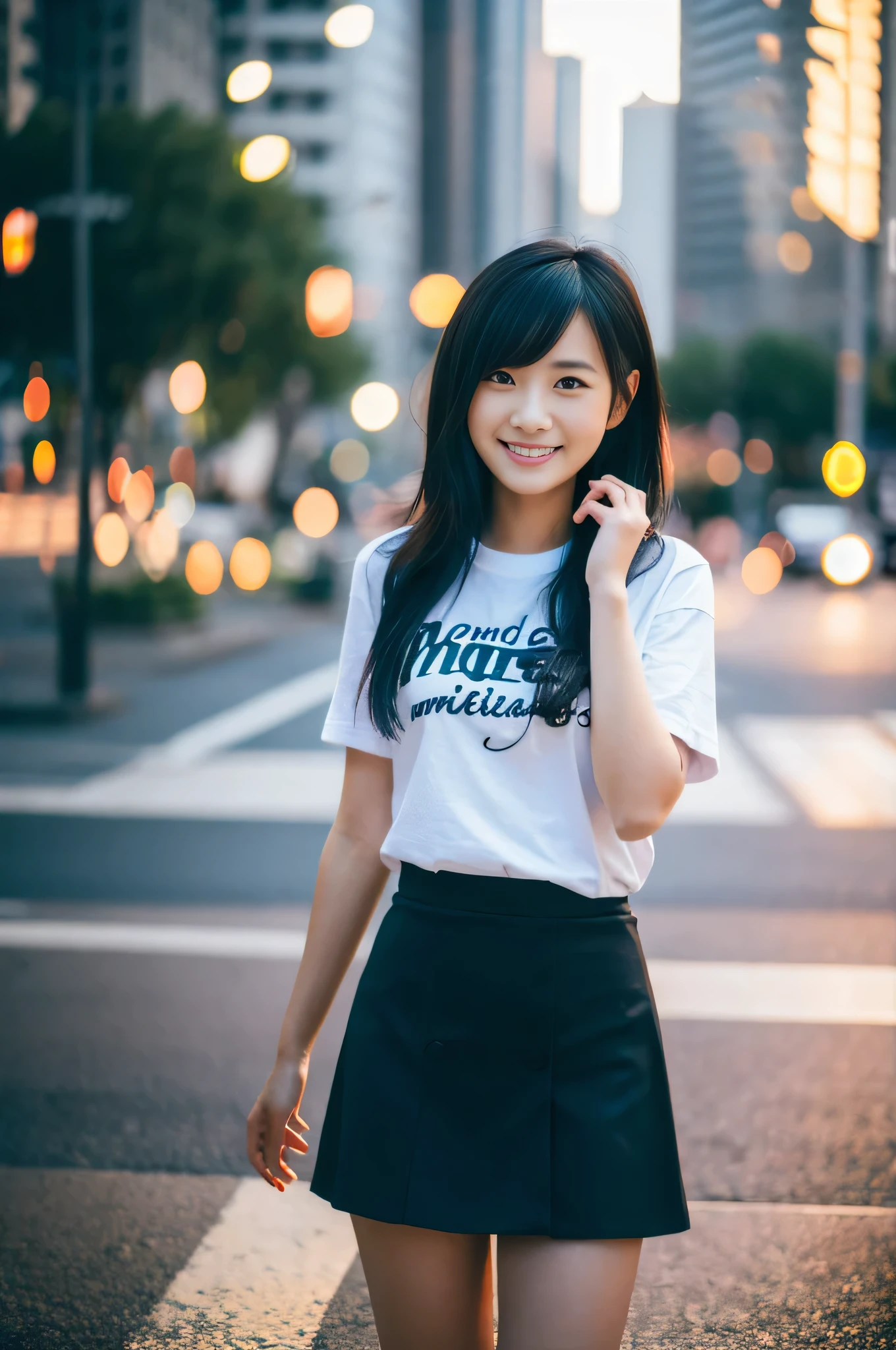 highest quality,masterpiece,32k,Depth of the bounds written、blur background、135mm,F1.4,professional lighting,cinematic lighting,full body,thin,きれいなDay本人女性,25 year old girl,Are standing,city,Wind,Day,shoulder length hair,black hair,Wet,Tシャツmini skirt,smile,