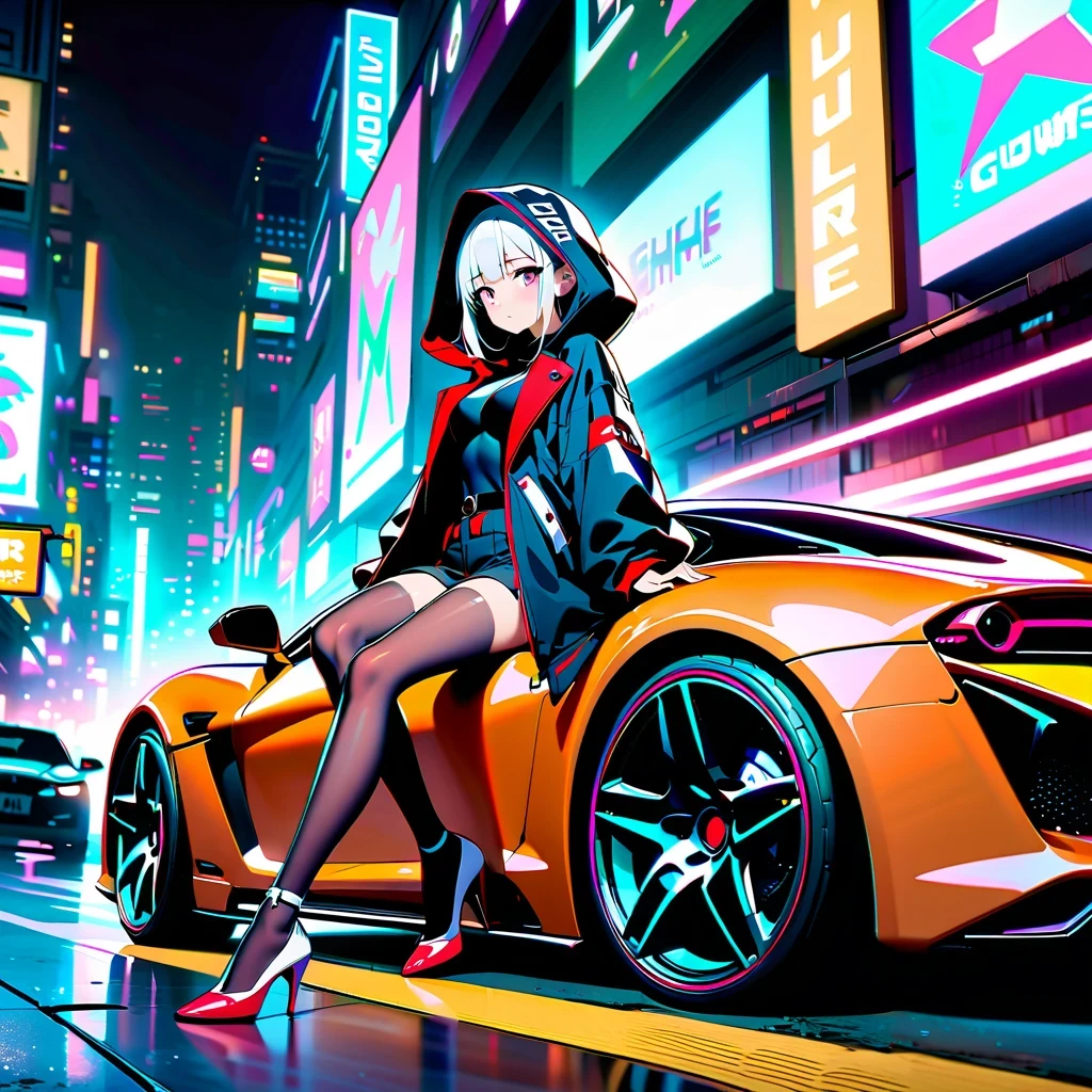 Cyberpunk City Night,A shapely anime girl sits on the hood of a stylish sports car。she wears high fashion,Wear unique high heels,匹配未来car的风格。car'Stylish hood reflects vibrant neon lights,Charming scenes are created。Composition follows the rule of thirds,The girl is on the side,Put the sports car on the other side,maintain visual balance。Neon lights and architectural lines guide the viewer’s eye,Emphasize that girls are the focus。This work of art is a true masterpiece,Show the beauty and charm of the cyberpunk world with exquisite 4k details。