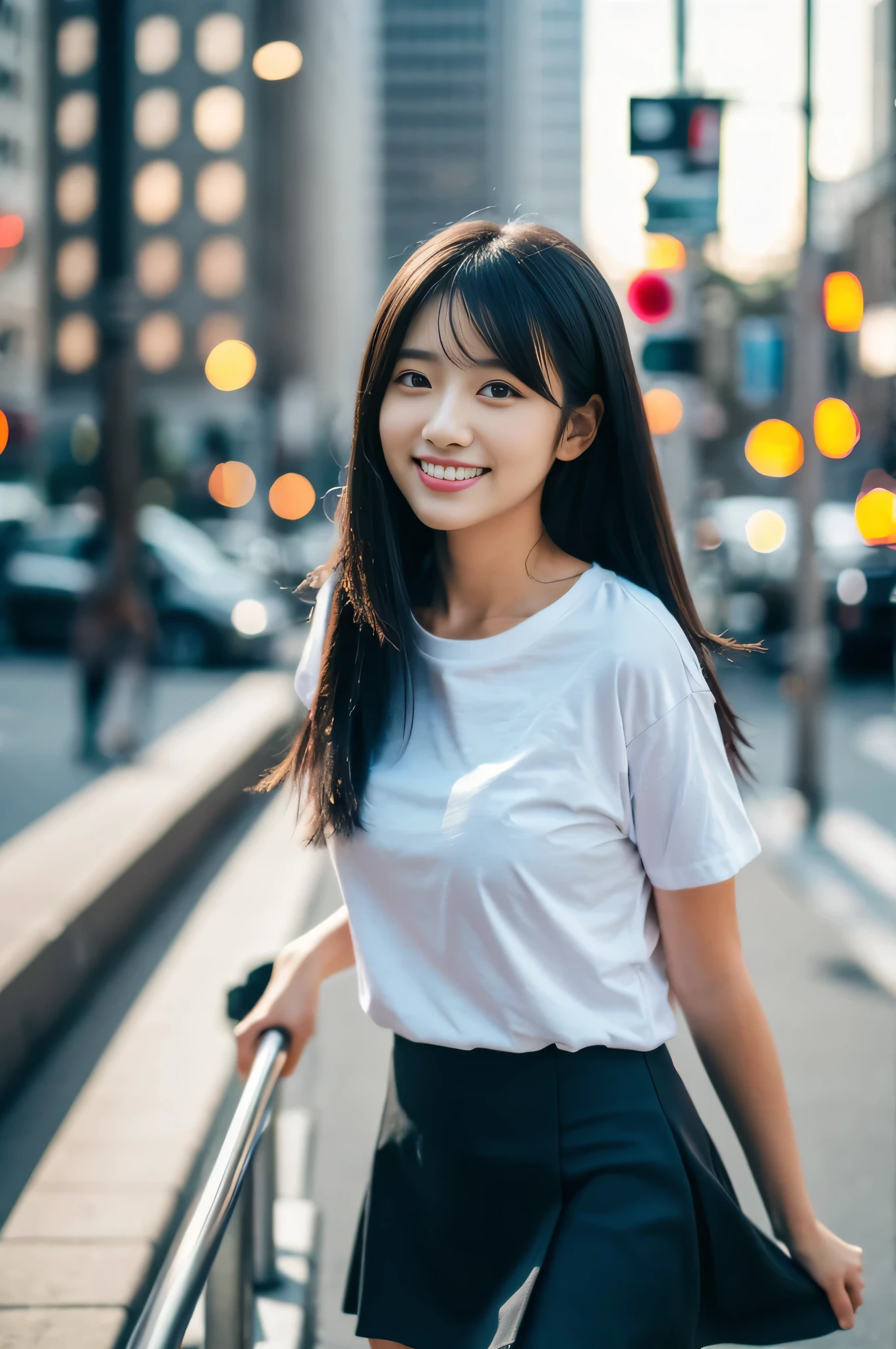highest quality,masterpiece,32k,Depth of the bounds written、blur background、135mm,F1.4,professional lighting,cinematic lighting,full body,thin,きれいなDay本人女性,25 year old girl,Are standing,city,Wind,Day,shoulder length hair,black hair,Wet,Tシャツmini skirt,smile,
