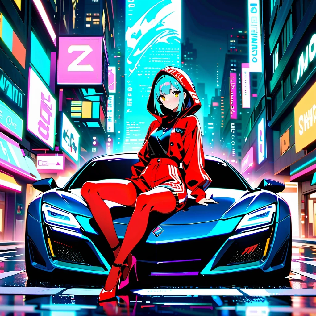Cyberpunk City Night,A shapely anime girl sits on the hood of a stylish sports car。she wears high fashion,Wear unique high heels,匹配未来car的风格。car'Stylish hood reflects vibrant neon lights,Charming scenes are created。Composition follows the rule of thirds,The girl is on the side,Put the sports car on the other side,maintain visual balance。Neon lights and architectural lines guide the viewer’s eye,Emphasize that girls are the focus。This work of art is a true masterpiece,Show the beauty and charm of the cyberpunk world with exquisite 4k details。