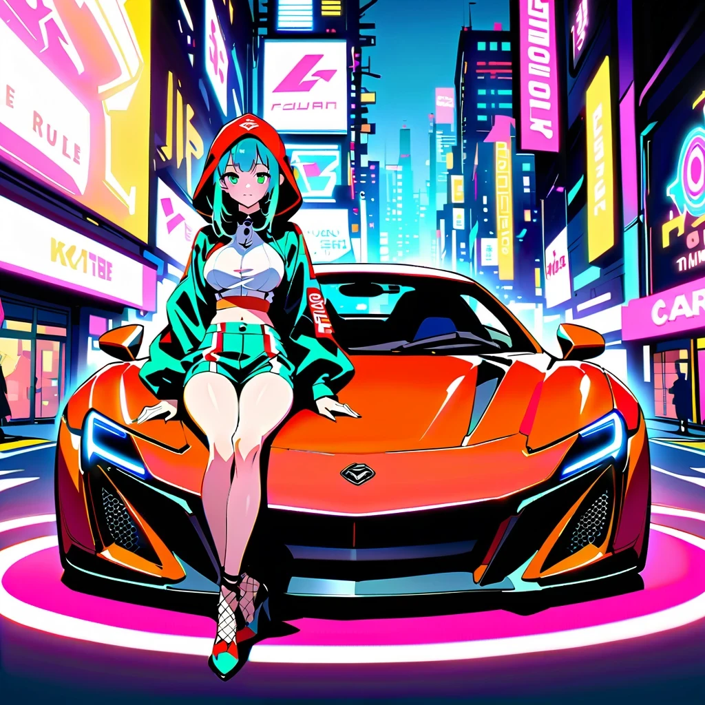 Cyberpunk City Night，A shapely anime girl sits on the hood of a stylish sports car。she wears high fashion，Wear unique high heels，匹配未来car的风格。car&#39;Stylish hood reflects vibrant neon lights，Charming scenes are created。Composition follows the rule of thirds，The girl is on the side，Put the sports car on the other side，maintain visual balance。Neon lights and architectural lines guide the viewer’s eye，Emphasize that girls are the focus。This work of art is a true masterpiece，Show the beauty and charm of the cyberpunk world with exquisite 4k details。