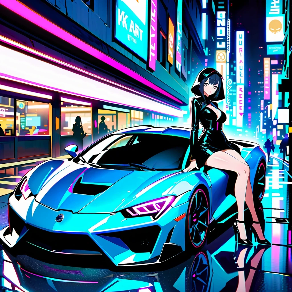 Cyberpunk City Night,A shapely anime girl sits on the hood of a stylish sports car。she wears high fashion,Wear unique high heels,匹配未来car的风格。car'Stylish hood reflects vibrant neon lights,Charming scenes are created。Composition follows the rule of thirds,The girl is on the side,Put the sports car on the other side,maintain visual balance。Neon lights and architectural lines guide the viewer’s eye,Emphasize that girls are the focus。This work of art is a true masterpiece,Show the beauty and charm of the cyberpunk world with exquisite 4k details。