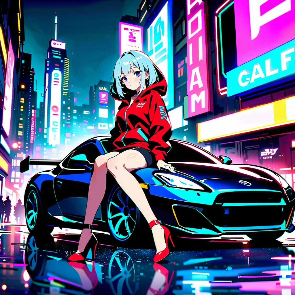 Cyberpunk City Night，A shapely anime girl sits on the hood of a stylish sports car。she wears high fashion，Wear unique high heels，匹配未来car的风格。car&#39;Stylish hood reflects vibrant neon lights，Charming scenes are created。Composition follows the rule of thirds，The girl is on the side，Put the sports car on the other side，maintain visual balance。Neon lights and architectural lines guide the viewer’s eye，Emphasize that girls are the focus。This work of art is a true masterpiece，Show the beauty and charm of the cyberpunk world with exquisite 4k details。