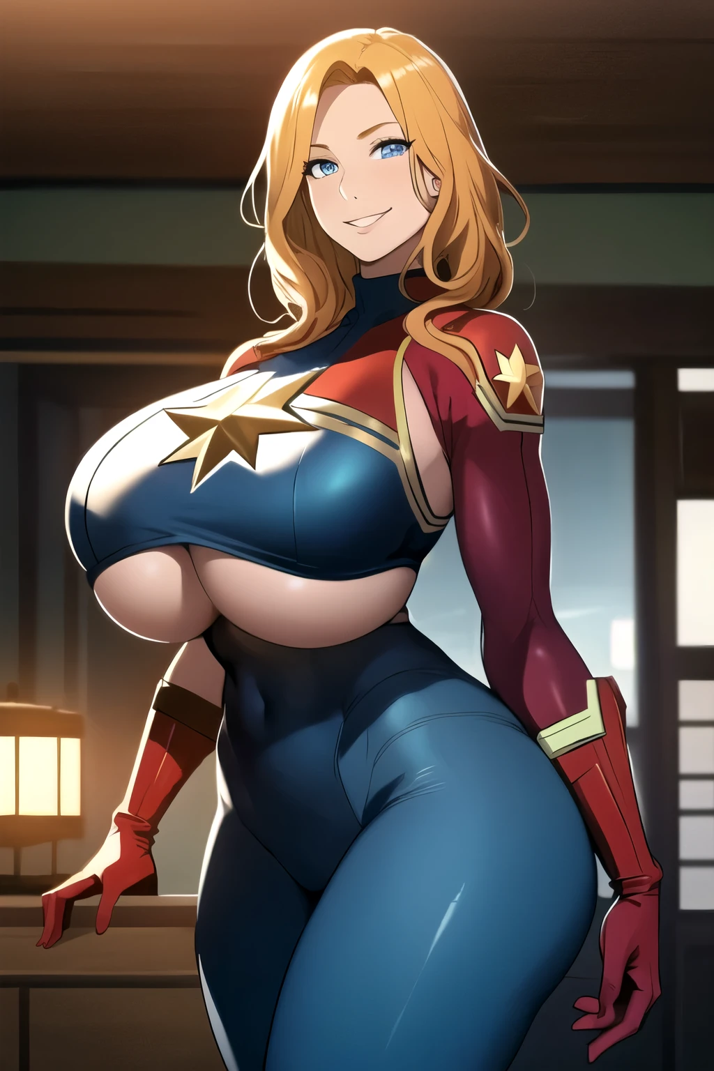 masterpiece, best quality, matsumoto rangiku, beautiful lighting, long hair, (captain marvel costume), crop top, tight pants, turtleneck, gigantic breasts, underboob, standing, looking at viewer, blue eyes, smile, japanese architecture, cowboy shot, shiny skin, gigantic breasts, curvy, seductive smile, bare shoulders, elbow gloves