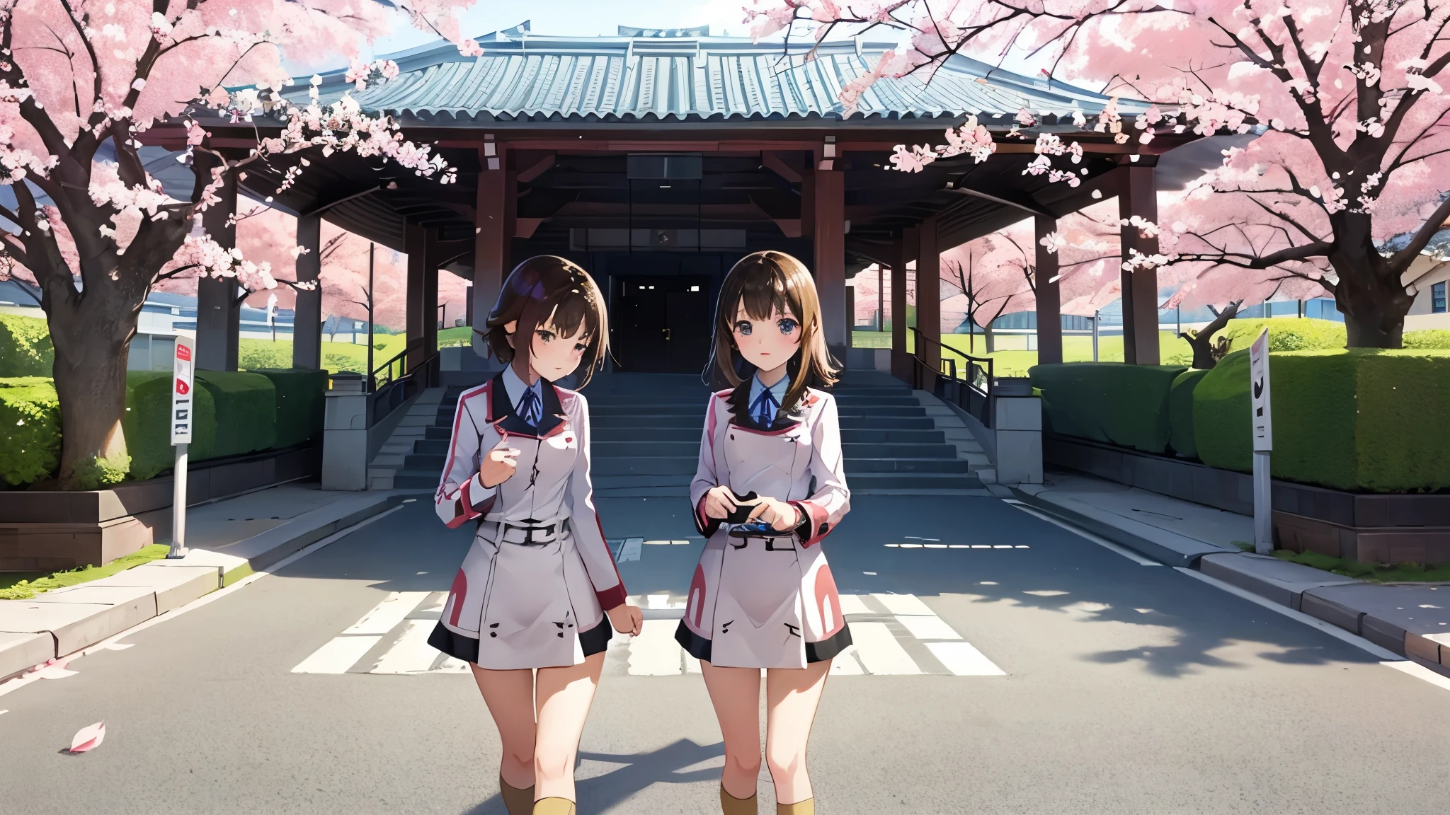 Junior high school girls wearing 、Walk in front of the school building where cherry blossoms bloom、cowboy shot