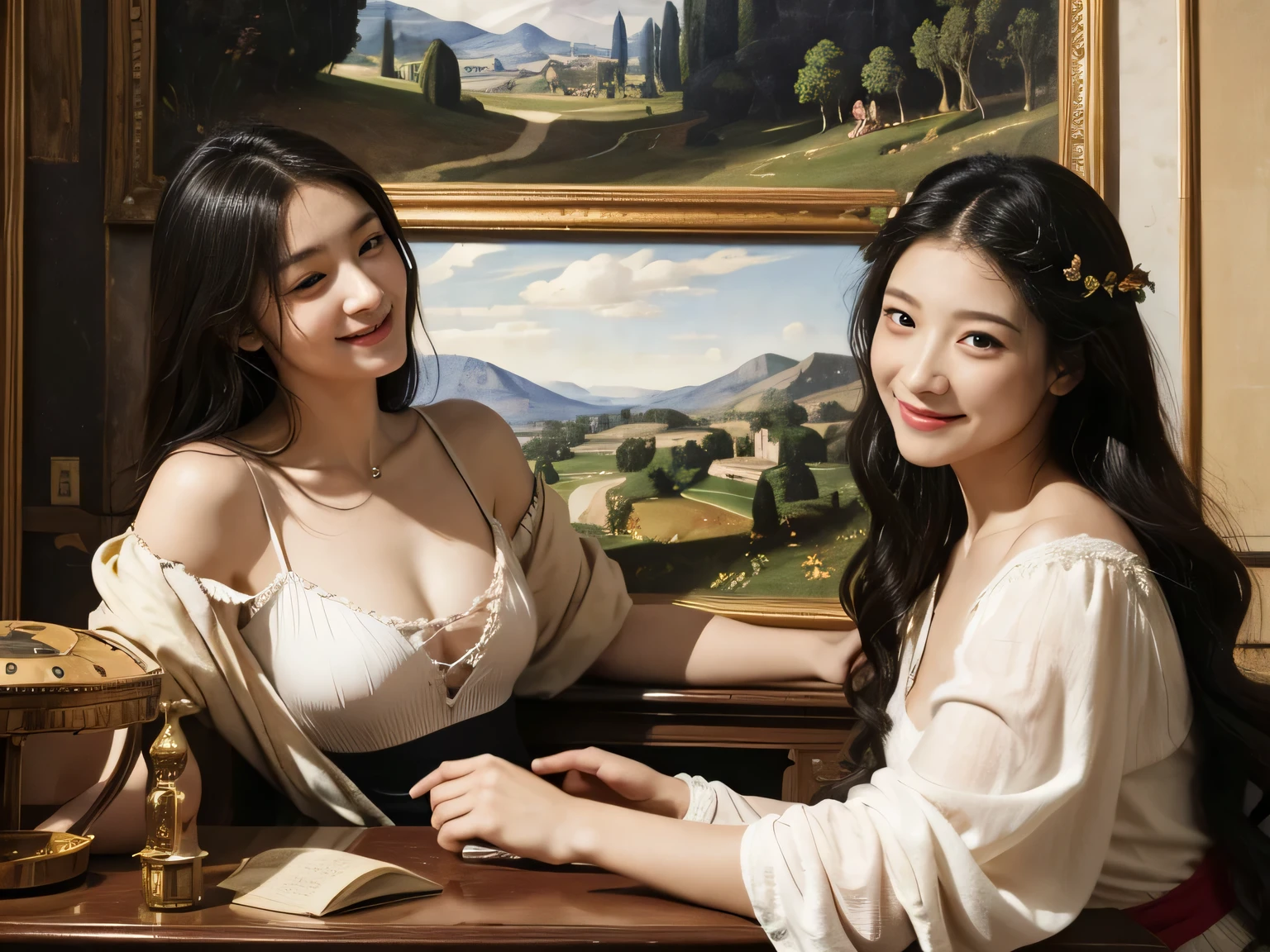 Giorgione painting style,Arguments of two female Philosophe,math、astronomical machine、astronaut、roses in vase、fruits、Cute trinkets、smile、ancient greek costume、Ancient Roman landscape in the style of Nicolas Poussin,laughter,,Sweet and seductive appearance.、Caravaggio's paintings、Chiaroscuro of Caravaggio、hair tousled by the wind,Two women frolicking,cute smile, expression of ecstasy,Sexy,erotic