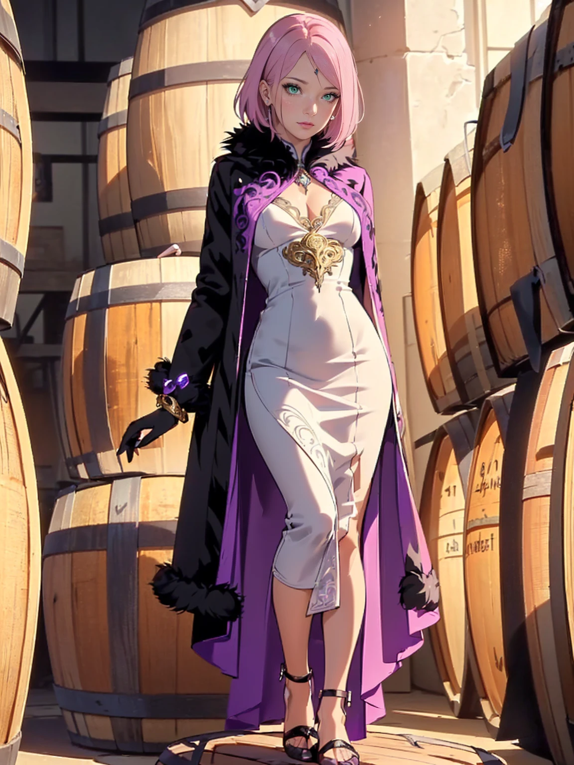 (1girl, solo, alone), (haruno sakura, short hair, ((small breasts, green eyes)), pink hair, forehead mark, bracelets), (( ((Extremely detailed, ambient soft lighting, 4k, perfect eyes, a perfect face, perfect lighting, a 1girl, ((white dress, ornate long dress, purple dress)), sexy violet dress)), (((black fur coat:1.4), (ornate dress, purple dress))), gold bracelet, winery,wine barrels backgroudn, standing on a barrel, sexy pose)), gloves, black gloves, bracelets, amethyst necklace))