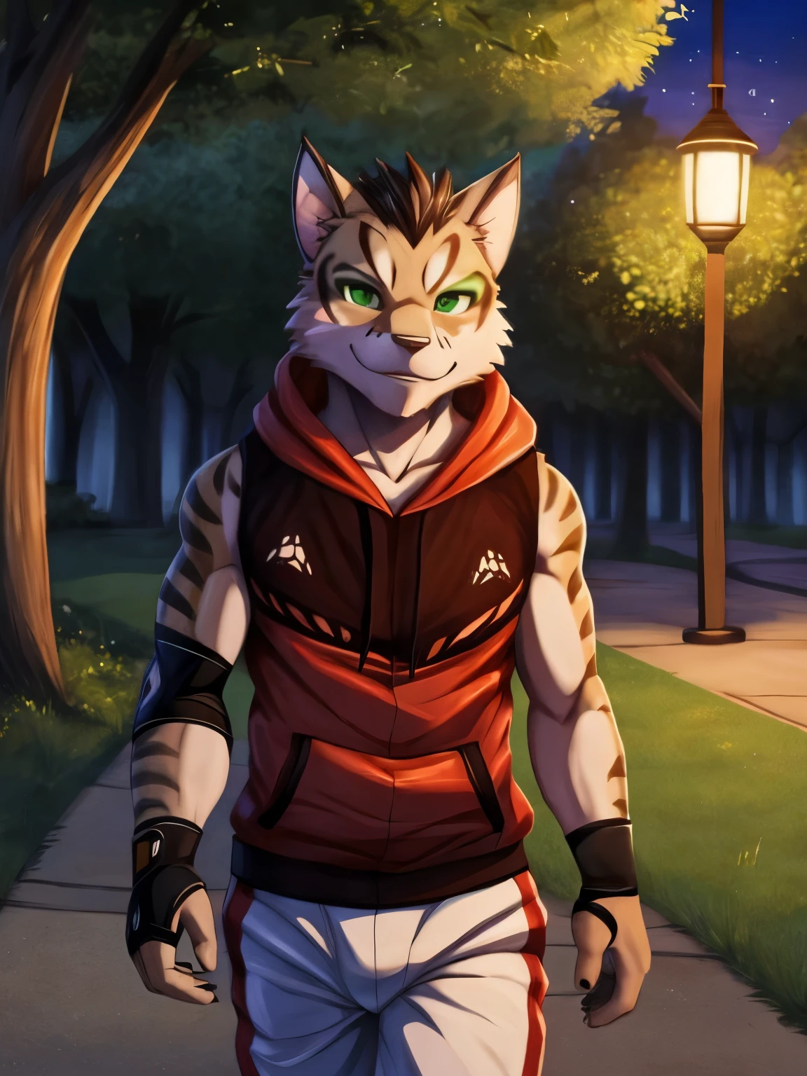 furry, anthro, cat, solo, looking at viewer, smile, 1boy, male focus, sleeveless, hood, hoodie, white shorts, sleeveless hoodie, elbow pads, yan shu chi, green eyes, blush, walking in a park, dusk, japanese lantern