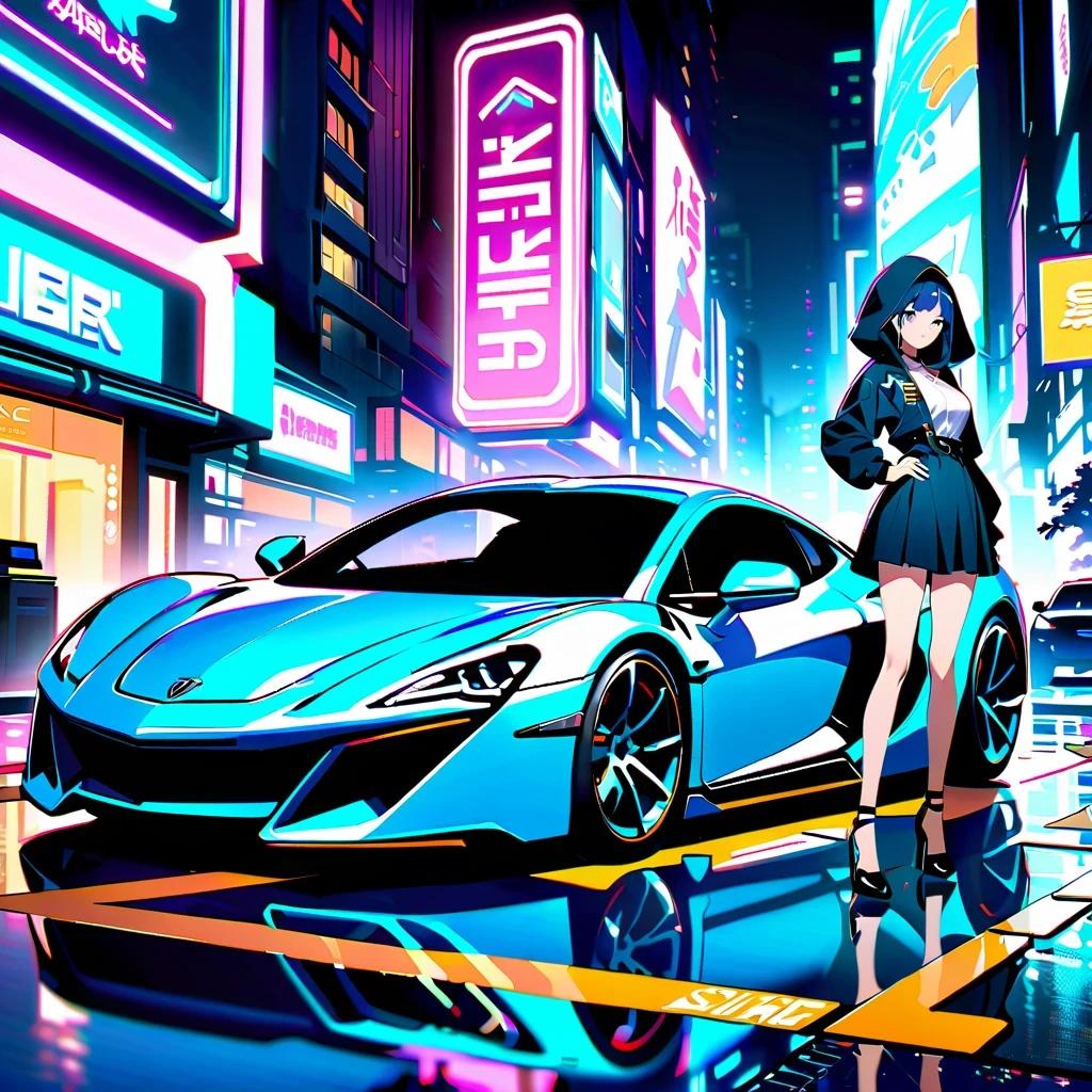 Cyberpunk City Night,A shapely anime girl sits on the hood of a stylish sports car。she wears high fashion,Wear unique high heels,匹配未来car的风格。car'Stylish hood reflects vibrant neon lights,Charming scenes are created。Composition follows the rule of thirds,The girl is on the side,Put the sports car on the other side,maintain visual balance。Neon lights and architectural lines guide the viewer’s eye,Emphasize that girls are the focus。This work of art is a true masterpiece,Show the beauty and charm of the cyberpunk world with exquisite 4k details。
