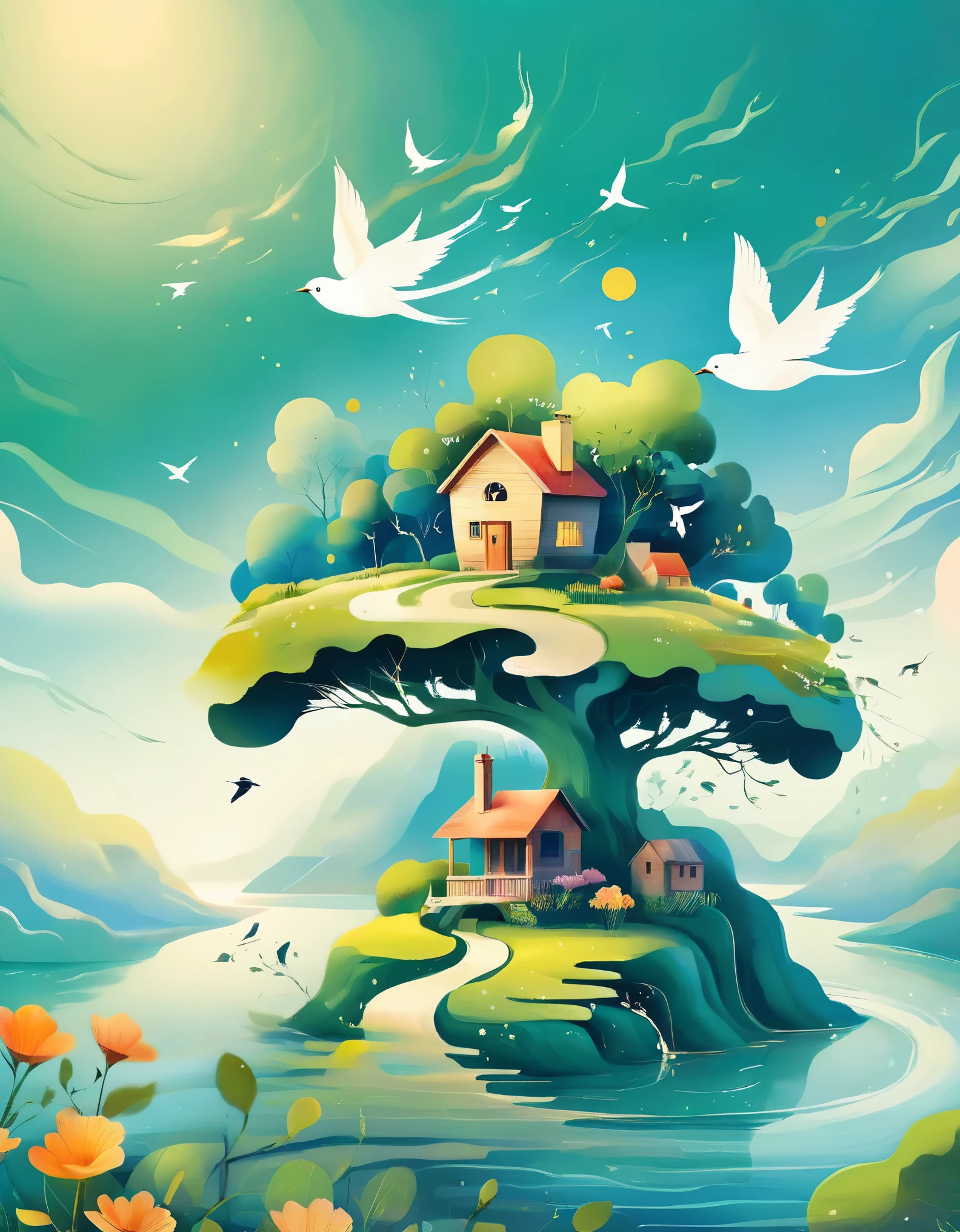 ((Long shot:1.8)), (masterpiece, best quality:1.2), (Flat vector:1.3)，Artistic concept illustration，minimalist style，simple，1 girl，Houses with green tones on the head、Hair decorated with natural and house elements，birds flying around，Birds surround，swallow、Fantasy illustration of trees and hills，Evoking the charm of stunning rural landscapes。The background blends in with her hair，exudes tranquility，the composition created，Capture the beauty of nature。Illustration symbolizing humanity and the environment，Avatars and natural house patchwork patterns are used in whimsical illustrations，Dream concept