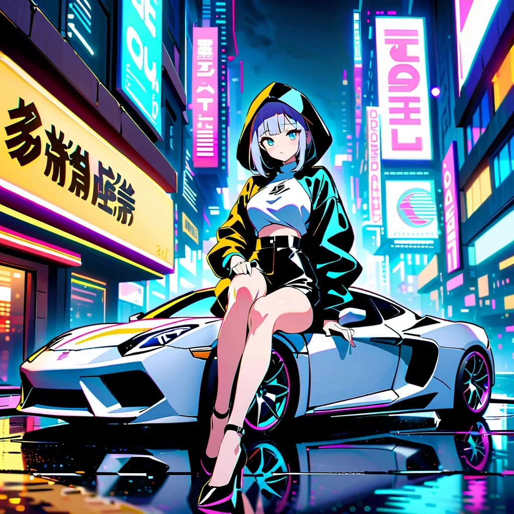 Cyberpunk City Night，A shapely anime girl sits on the hood of a stylish sports car。she wears high fashion，Wear unique high heels，匹配未来car的风格。car&#39;Stylish hood reflects vibrant neon lights，Charming scenes are created。Composition follows the rule of thirds，The girl is on the side，Put the sports car on the other side，maintain visual balance。Neon lights and architectural lines guide the viewer’s eye，Emphasize that girls are the focus。This work of art is a true masterpiece，Show the beauty and charm of the cyberpunk world with exquisite 4k details。