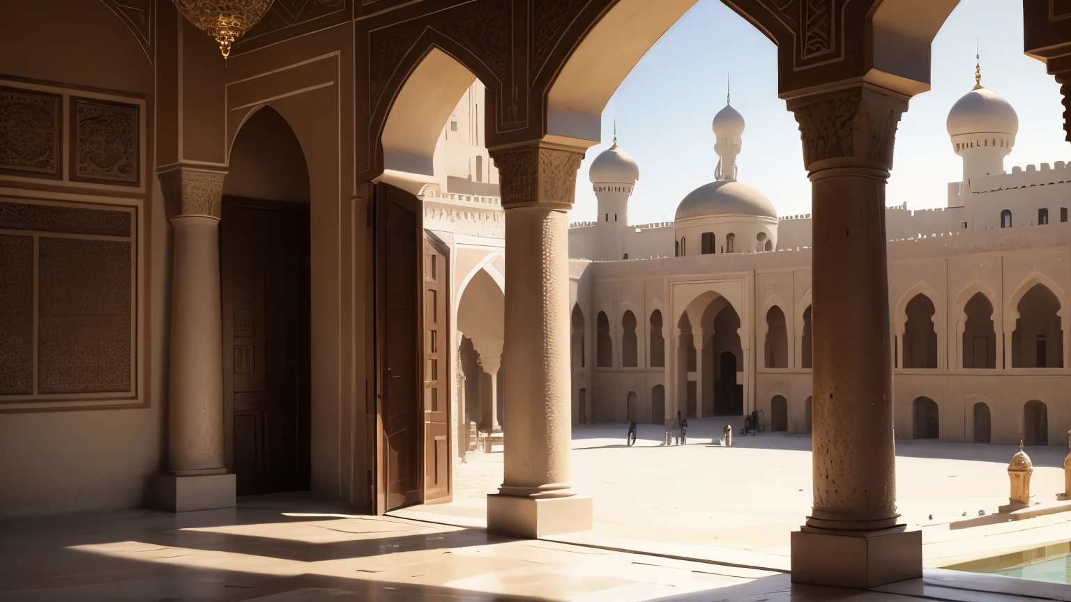 photo arabic palace super detailed daylight windows, cobblestones, crowd, plants