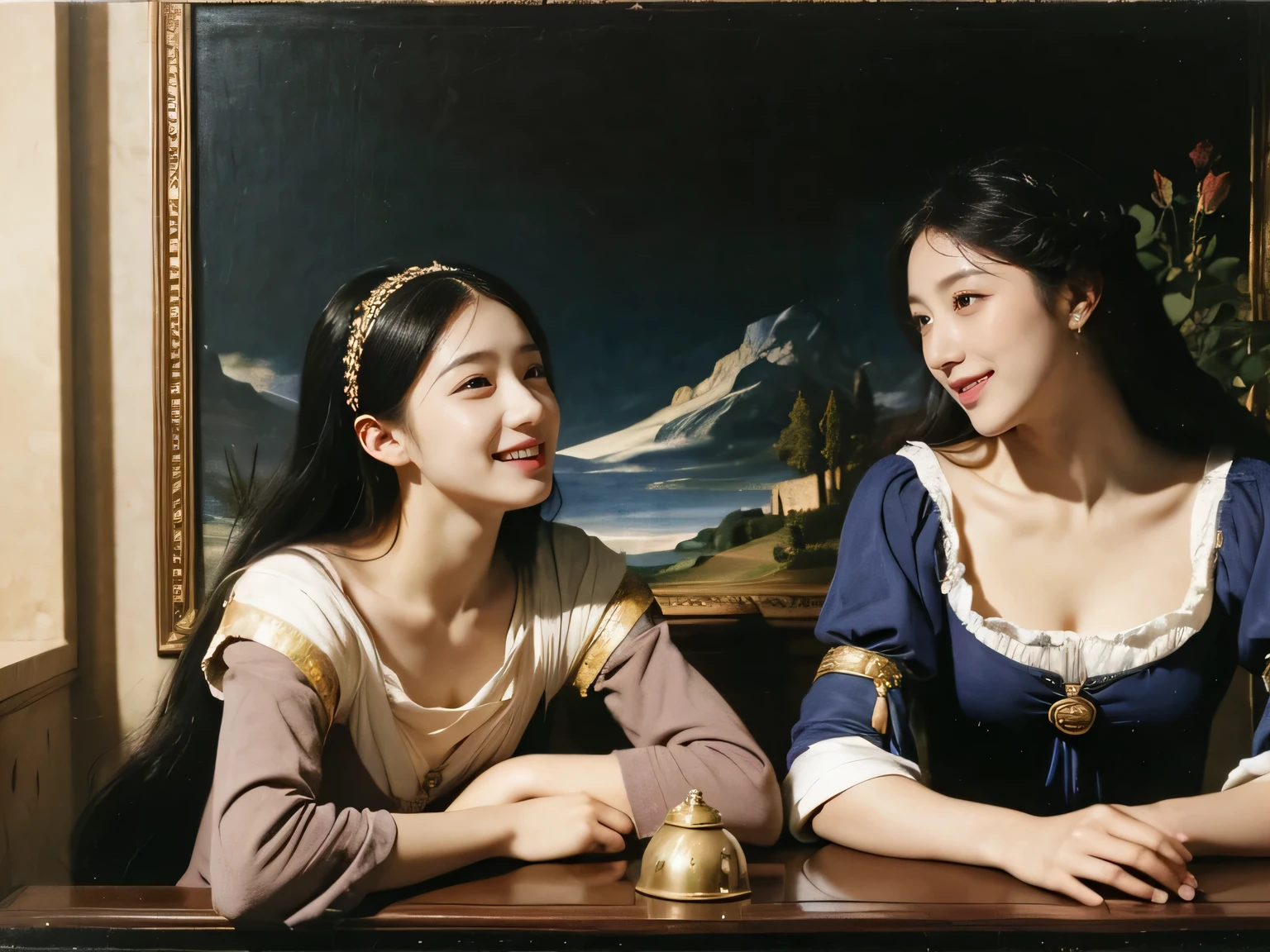 Giorgione painting style,Arguments of two female Philosophe,math、astronomical machine、astronaut、roses in vase、fruits、Cute trinkets、smile、ancient greek costume、Ancient Roman landscape in the style of Nicolas Poussin,laughter,,Sweet and seductive appearance.、Caravaggio's paintings、Chiaroscuro of Caravaggio、hair tousled by the wind,Two women frolicking,cute smile, expression of ecstasy,Sexy,erotic