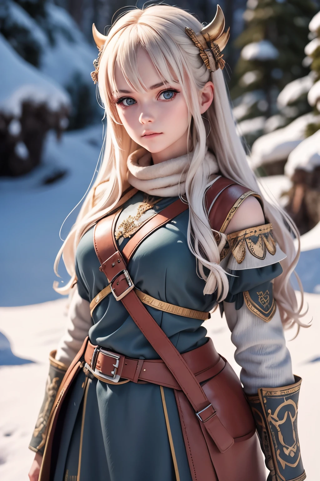 [Retrato de cuerpo entero] [Nordic fashion model aged 18-23] [vestido como un estilo vikingo de guerreros] [Bored expression on face] [Photo taken in a mountainous and snowy landscape] [lighting type: natural lighting], extremadamente realista, 8k, detalles locos, detalles intrincados, bellamente graduado de color, color grading, Photography editorial, Photography, bokeh, tomada con una lente de 60 mm, ISO 300, f / 4, 1/200th