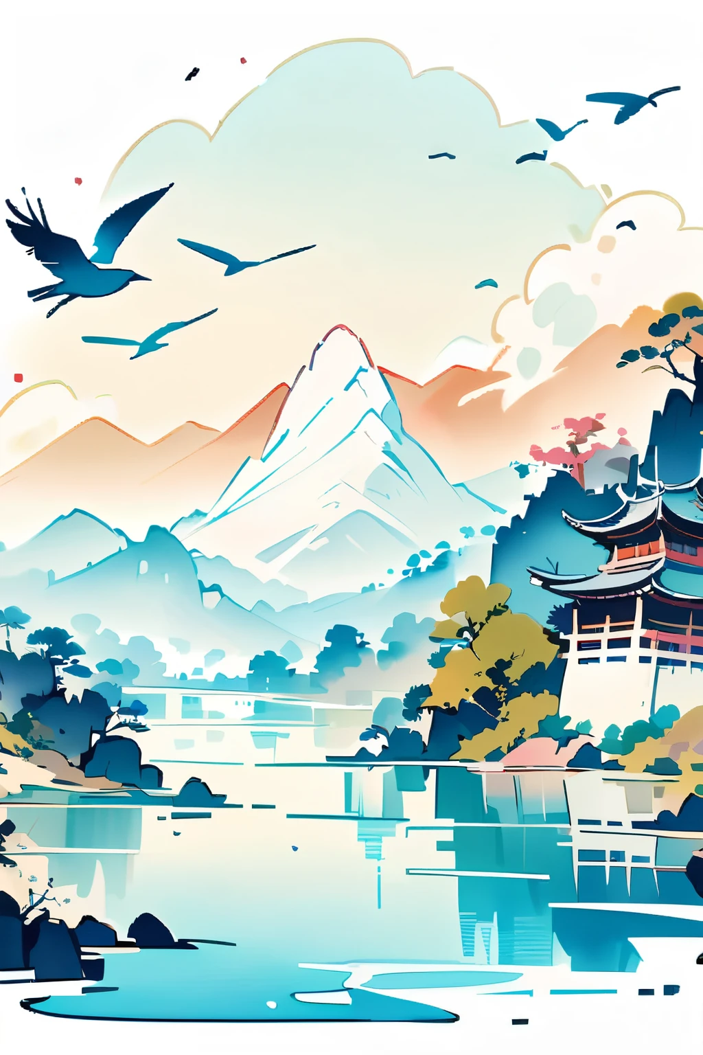 a painting of a mountain with a lake and pagodas in the background and birds flying around it