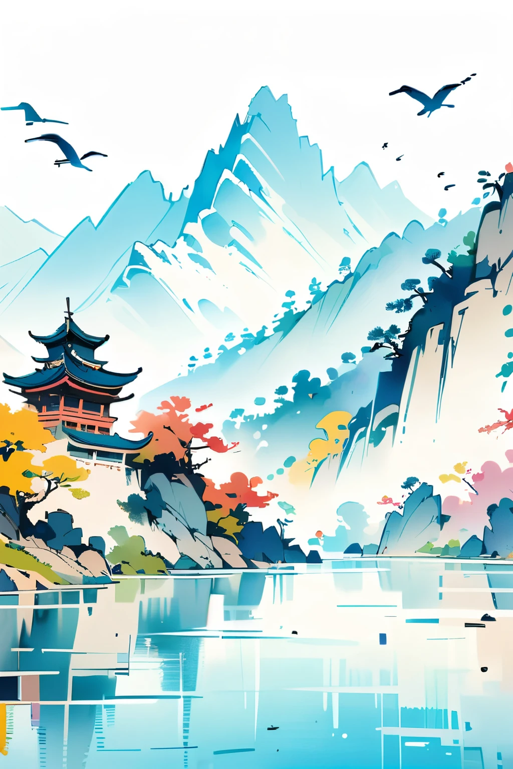 a painting of a mountain with a lake and pagodas in the background and birds flying around it